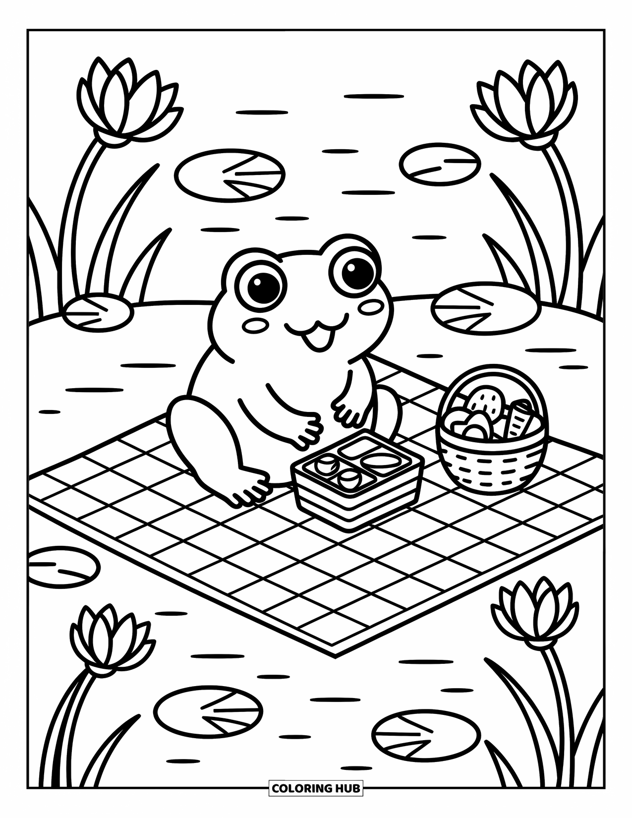 Frog Coloring Page for Adults: A happy frog eats bento on a picnic mat beside lotus flowers and a calm pond