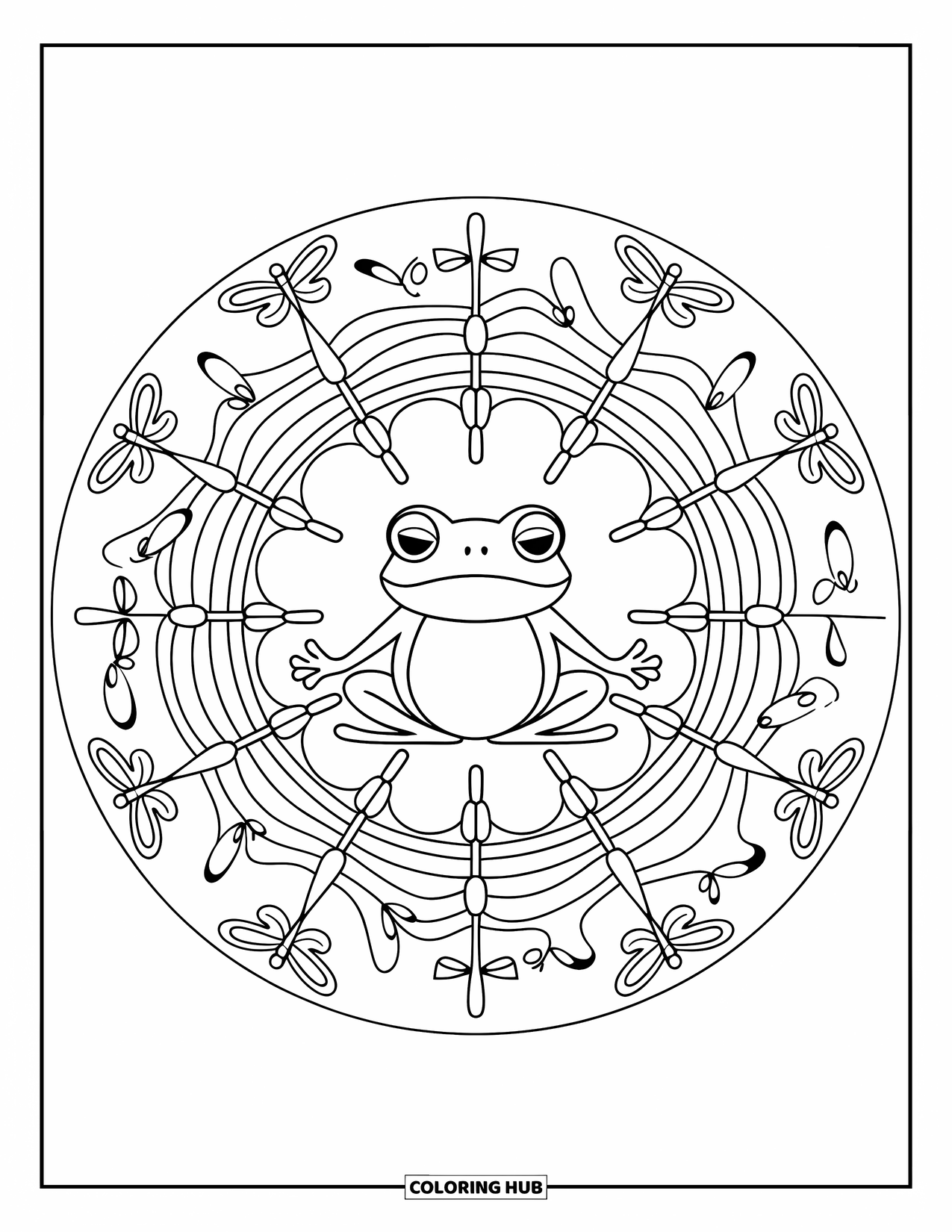 Frog Coloring Page for Adults: A meditating frog sits in a mandala of flowing water, cattails, and dragonflies