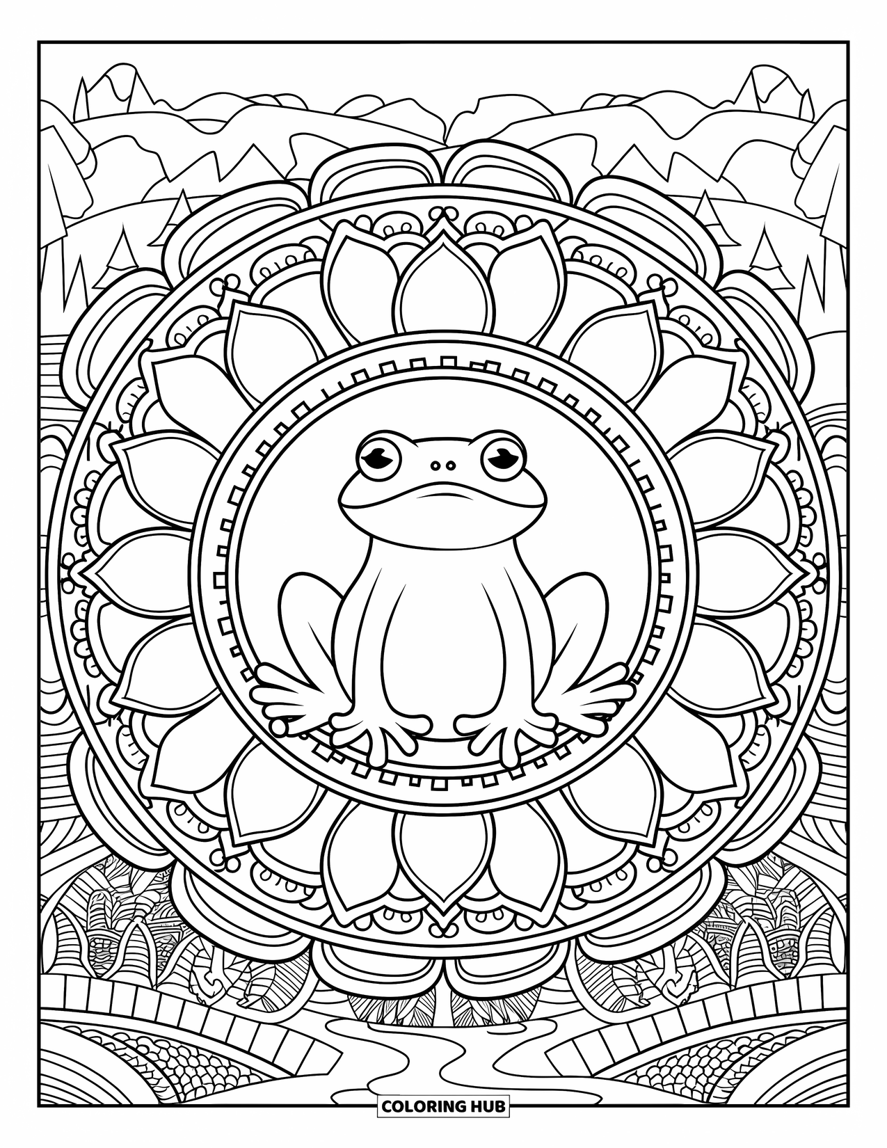 Frog Coloring Page for Adults: A peaceful frog sits in a lotus mandala surrounded by a quiet mountain and lake view