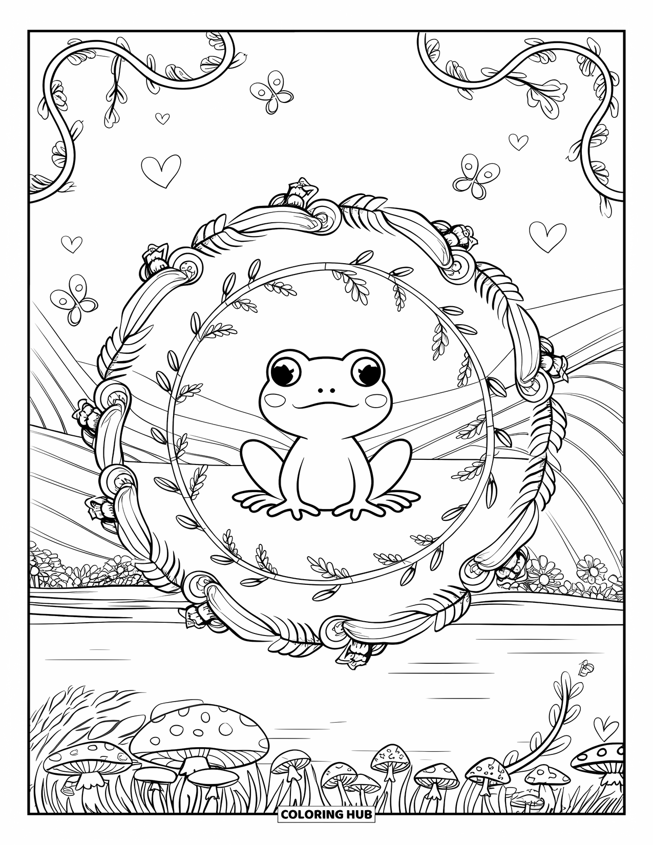 Frog Coloring Page for Adults: A peaceful frog sits in a vine mandala with hearts, butterflies, and gentle hills