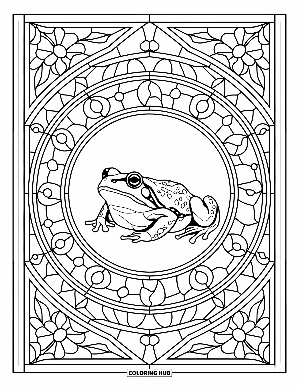 Frog Coloring Page for Adults: A realistic frog rests in the middle of a stained glass pattern with floral sections