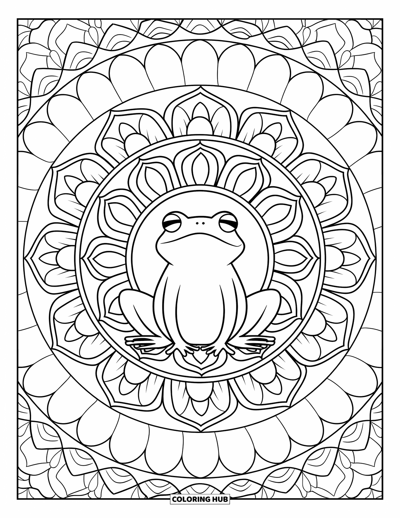 Frog Coloring Page for Adults: A serene frog with closed eyes sits in a lotus petal mandala facing upward
