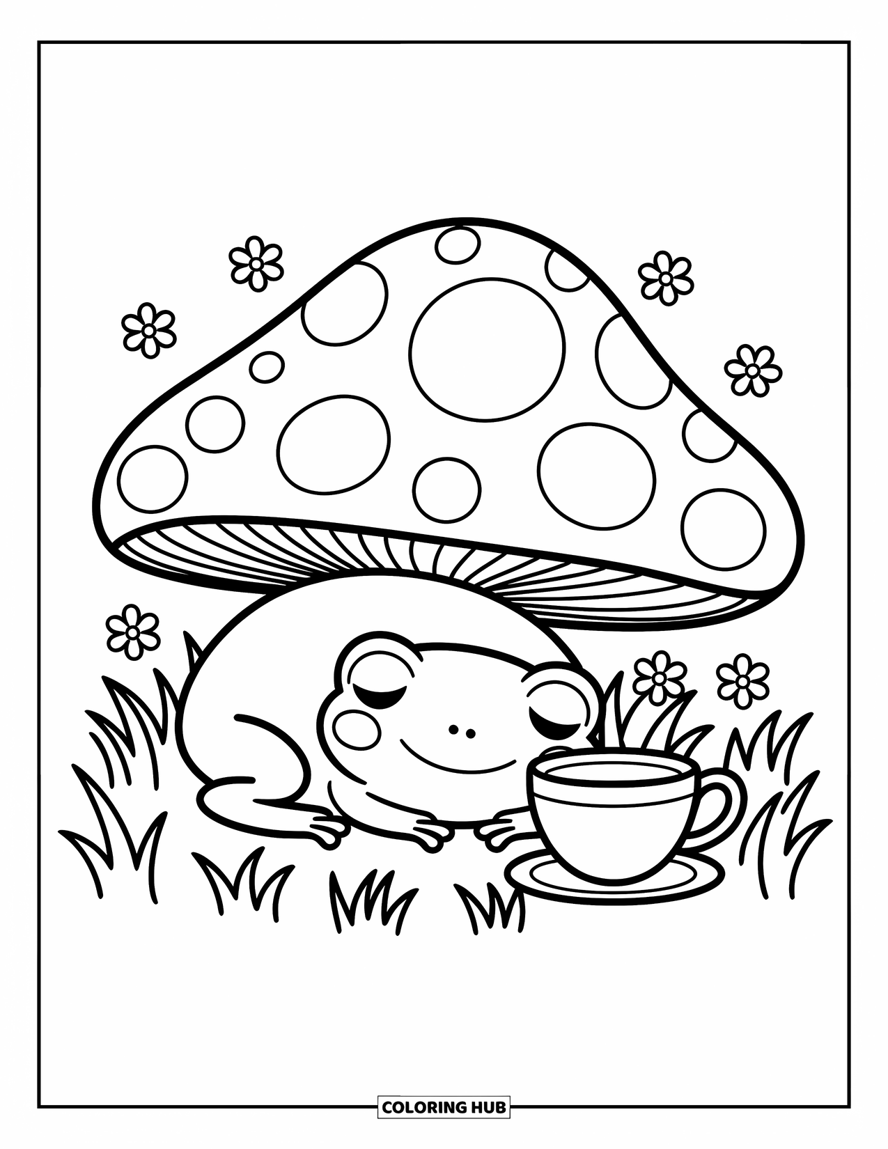 Frog Coloring Page for Adults: A small frog naps under a mushroom with flowers and a little tea cup nearby
