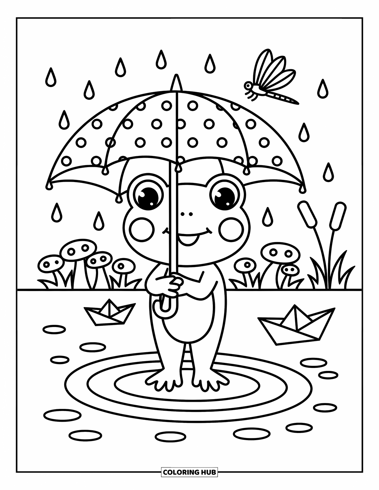 Frog Coloring Page for Adults: A tiny frog stands in a puddle with an umbrella, next to a paper boat and dragonfly