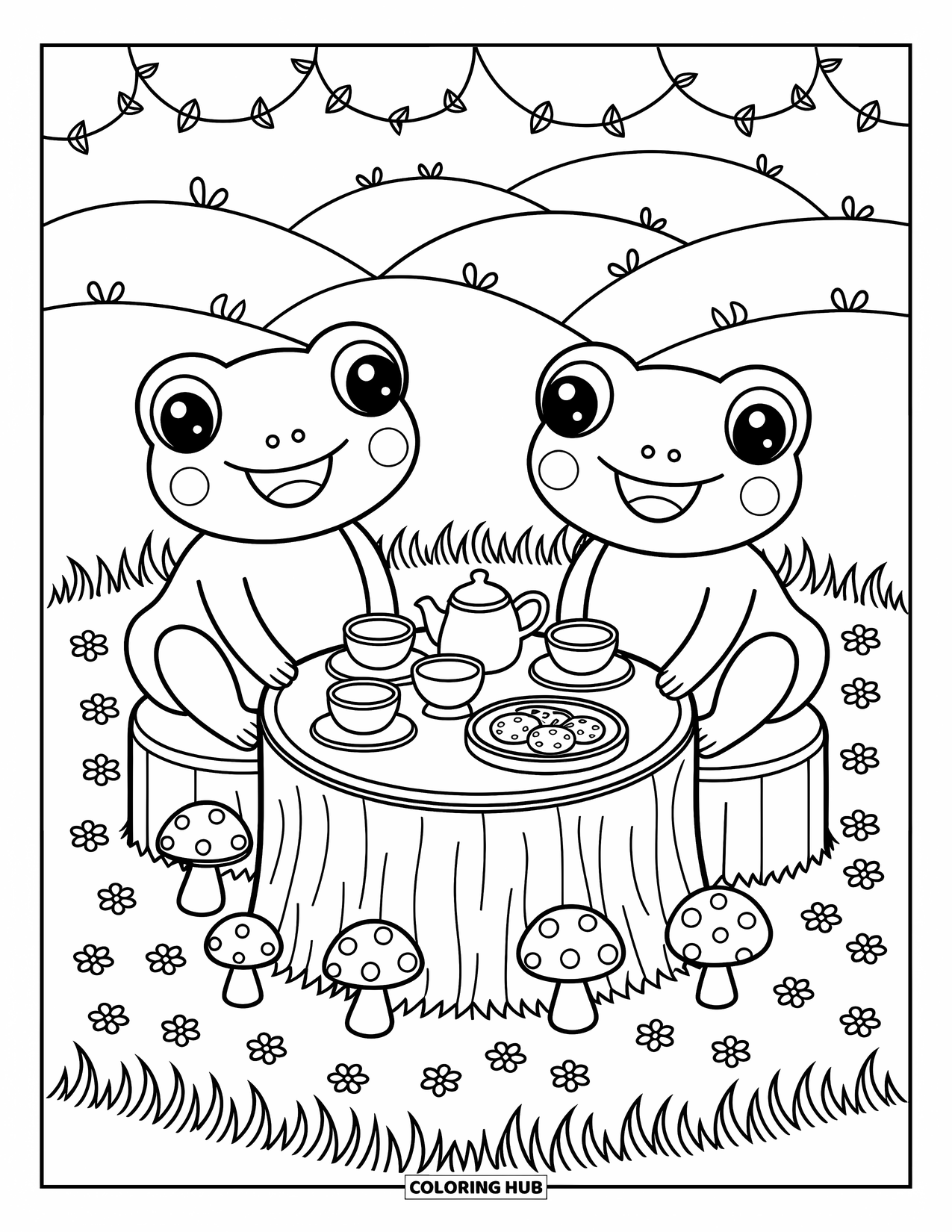 Frog Coloring Page for Adults: Cheerful frogs sip tea at a stump table surrounded by mushrooms and flowers
