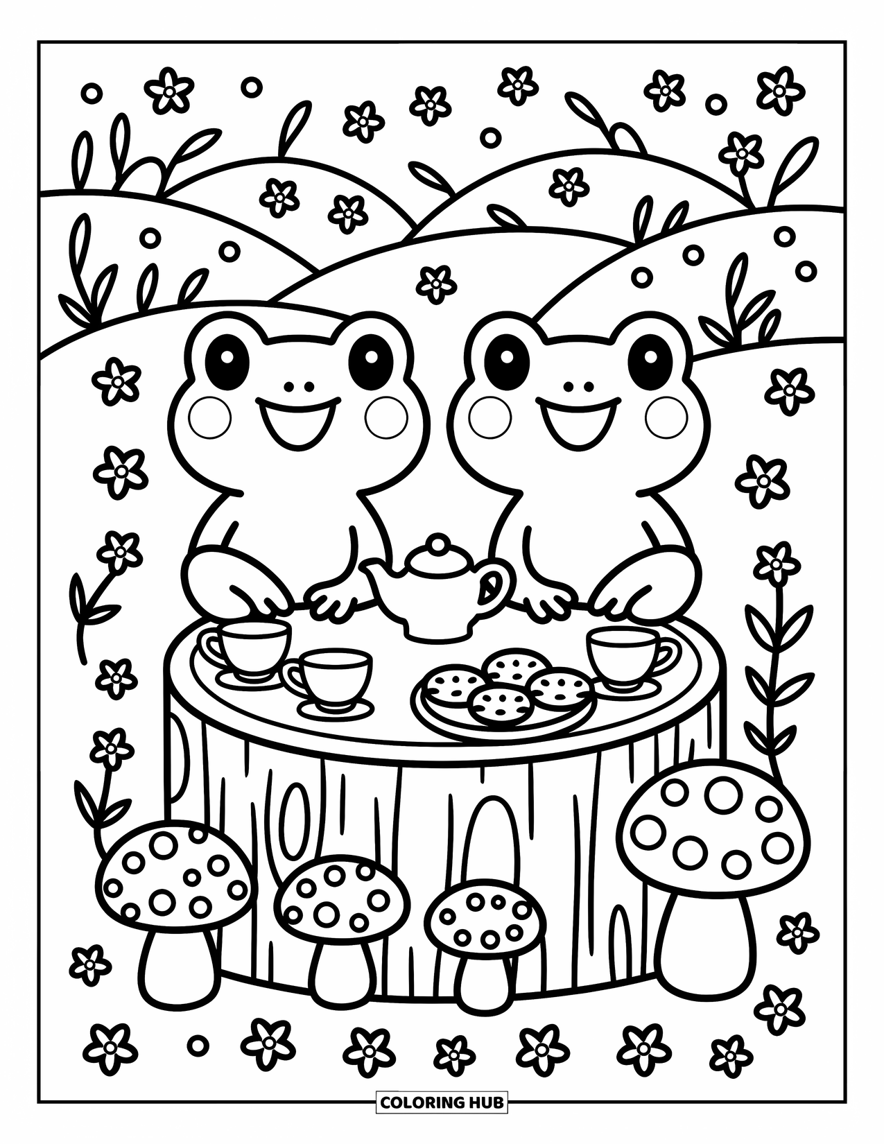 Frog Coloring Page for Adults: Frogs enjoy tea and cookies together on a stump among flowers and gentle hills