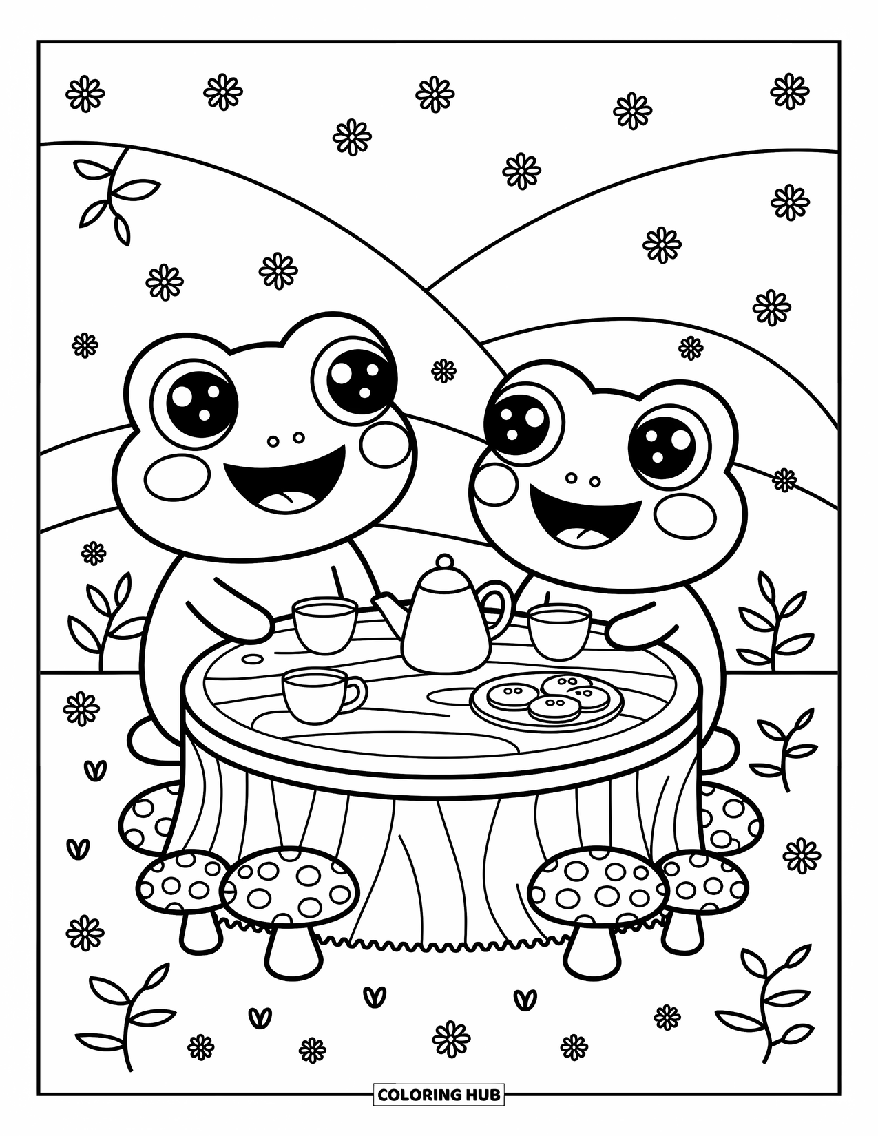 Frog Coloring Page for Adults: Two frogs share a tea party with cookies on a stump in a wildflower meadow