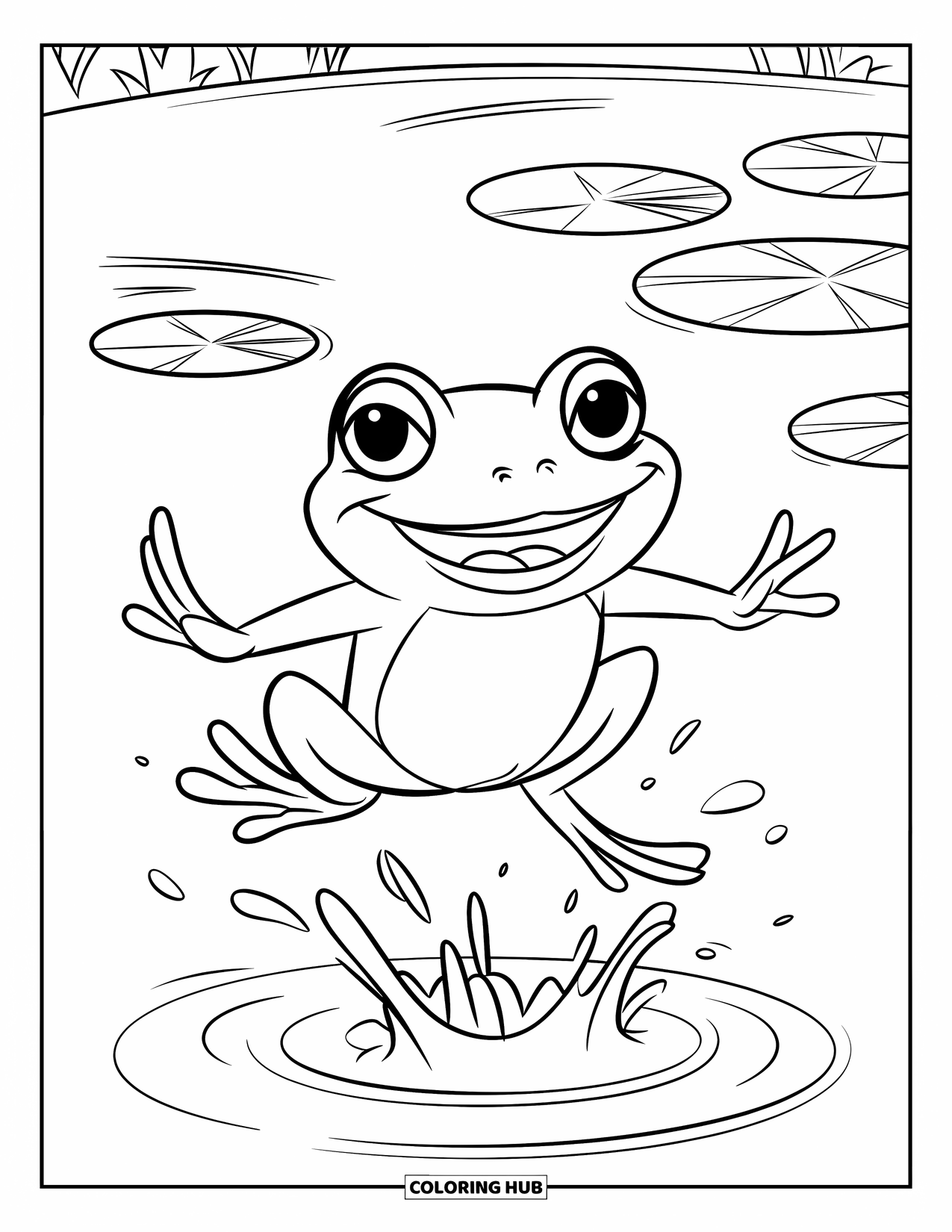 Frog Coloring Page for Kids: Cheerful frog leaps above a pond leaving playful water splashes
