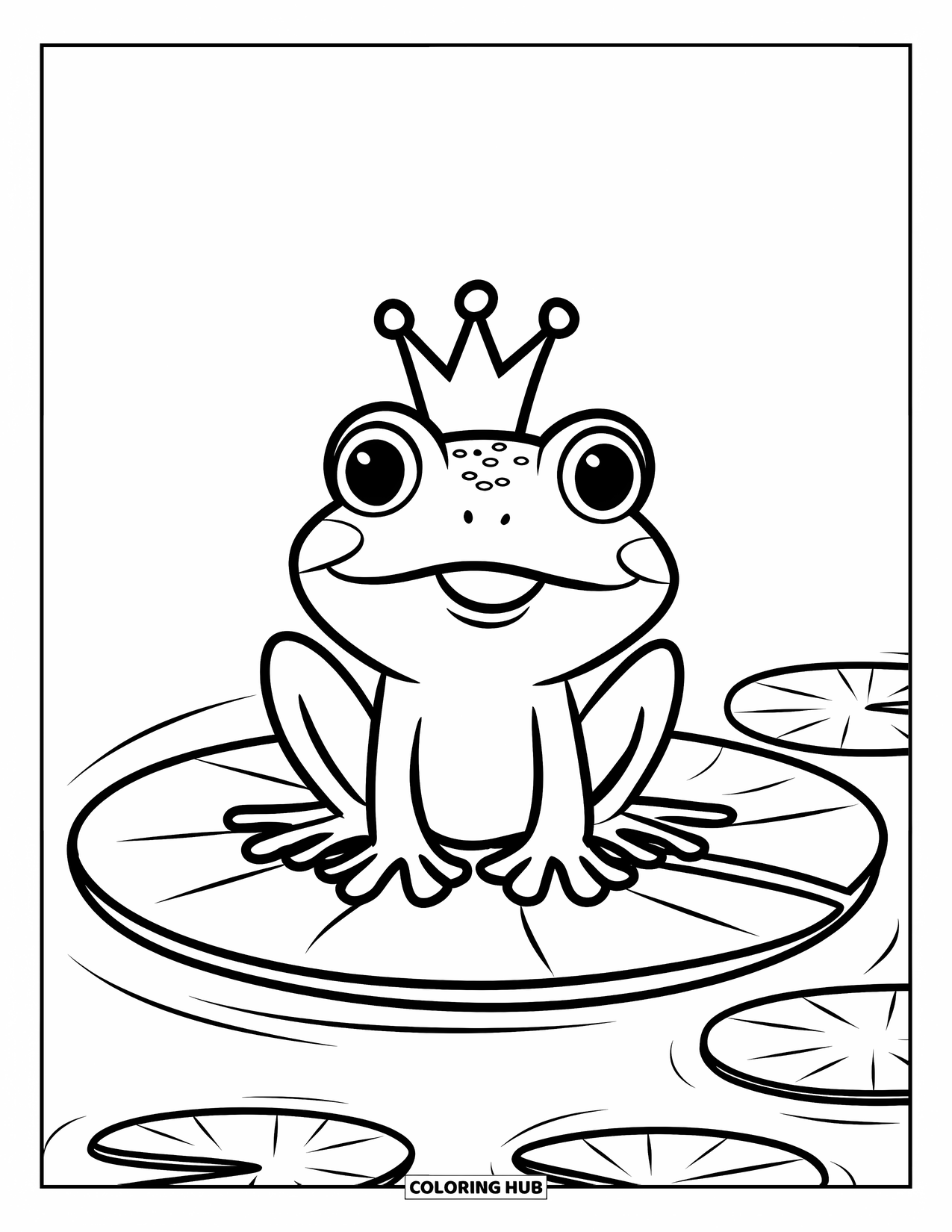 Frog Coloring Page for Kids: Crowned frog smiles while sitting alone on a lily pad