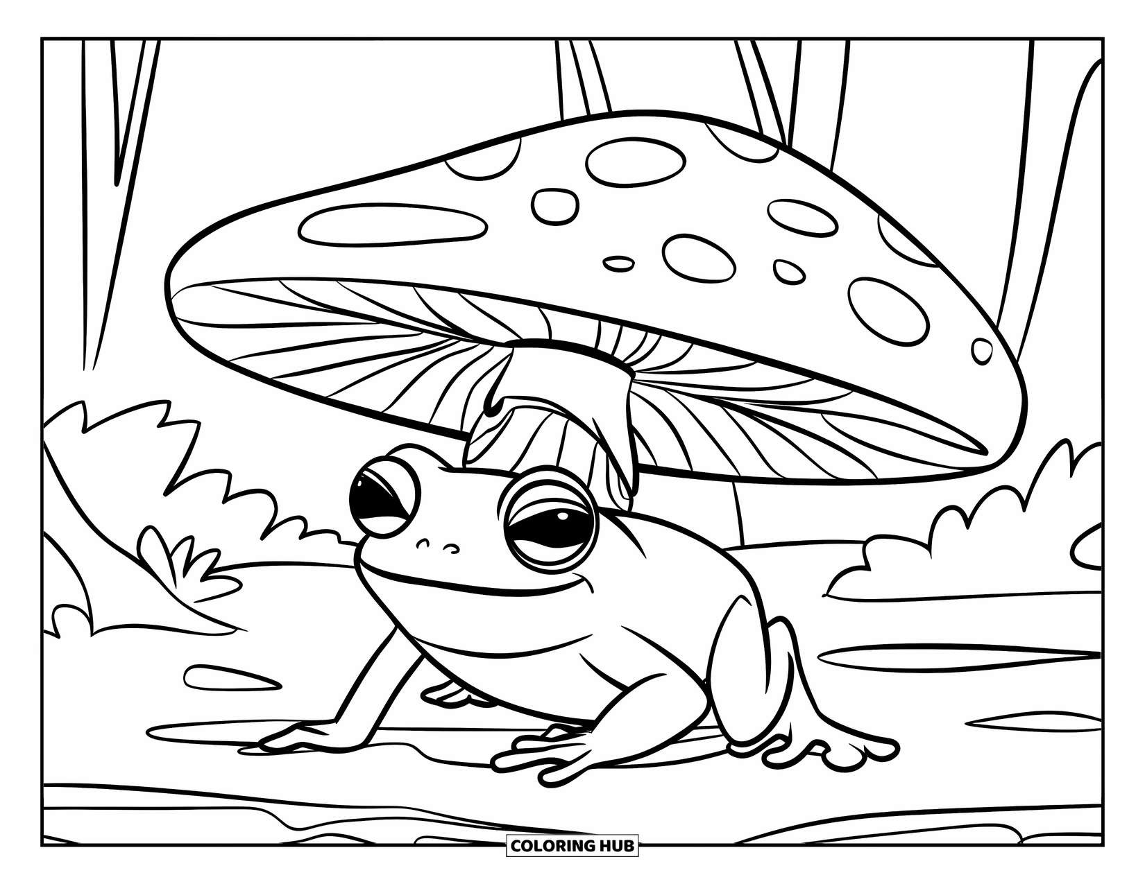 Frog Coloring Page for Kids: Curious frog in a hat peeks under a red-capped toadstool
