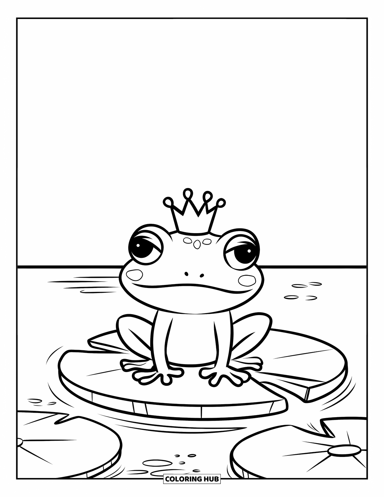 Frog Coloring Page for Kids: Cute frog in a crown floats peacefully on a quiet pond