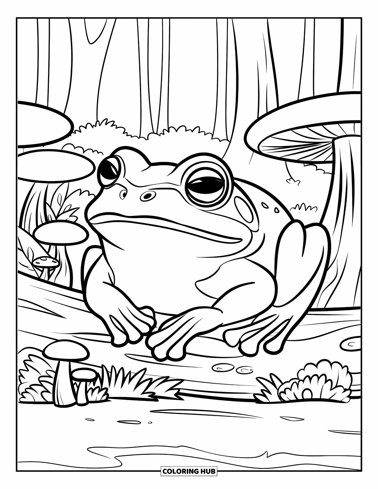 Frog Coloring Page for Kids: Frog curls beside mushrooms and leaves in a quiet woodland