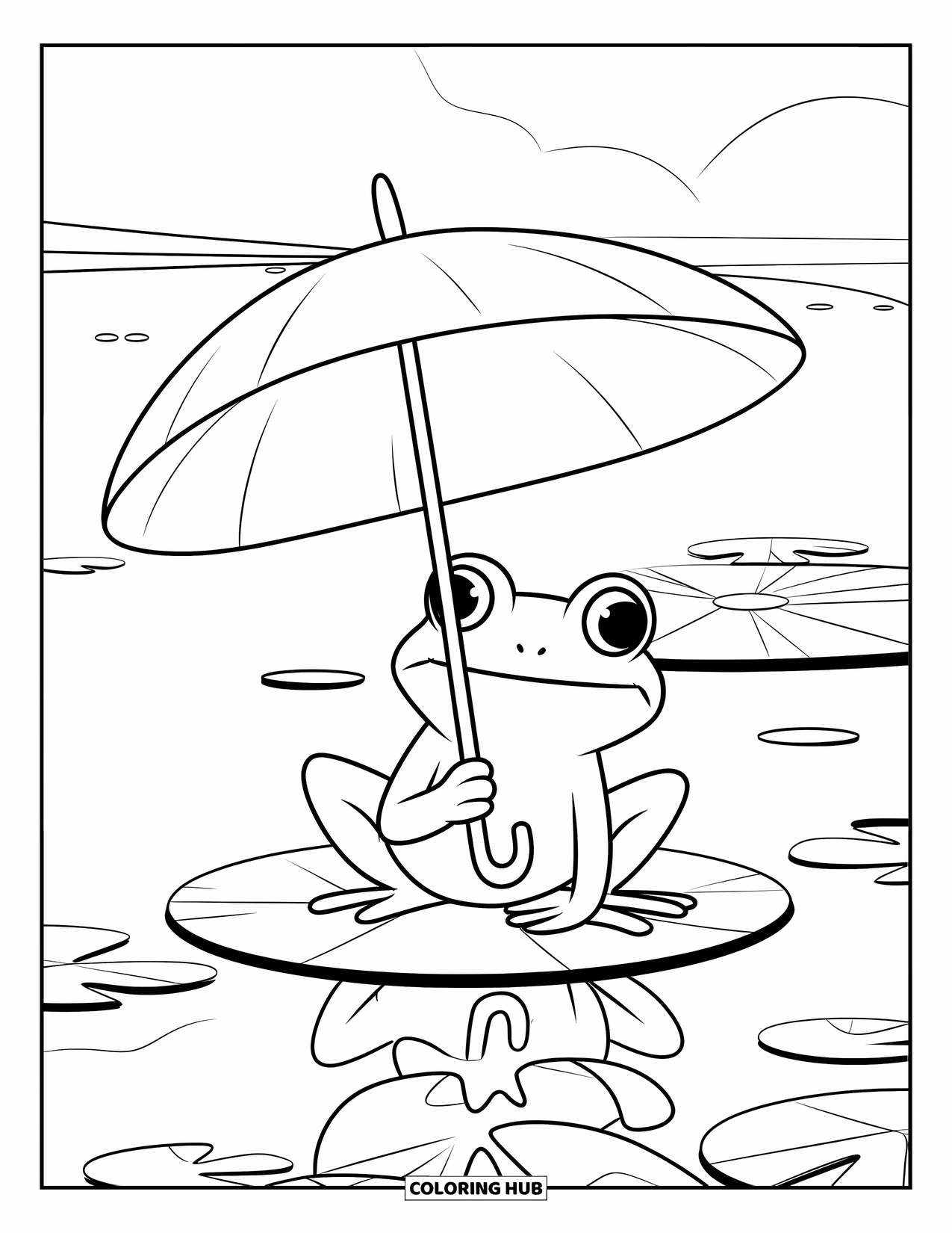 Frog Coloring Page for Kids: Frog holds a leafy umbrella on a pond with calm reflections