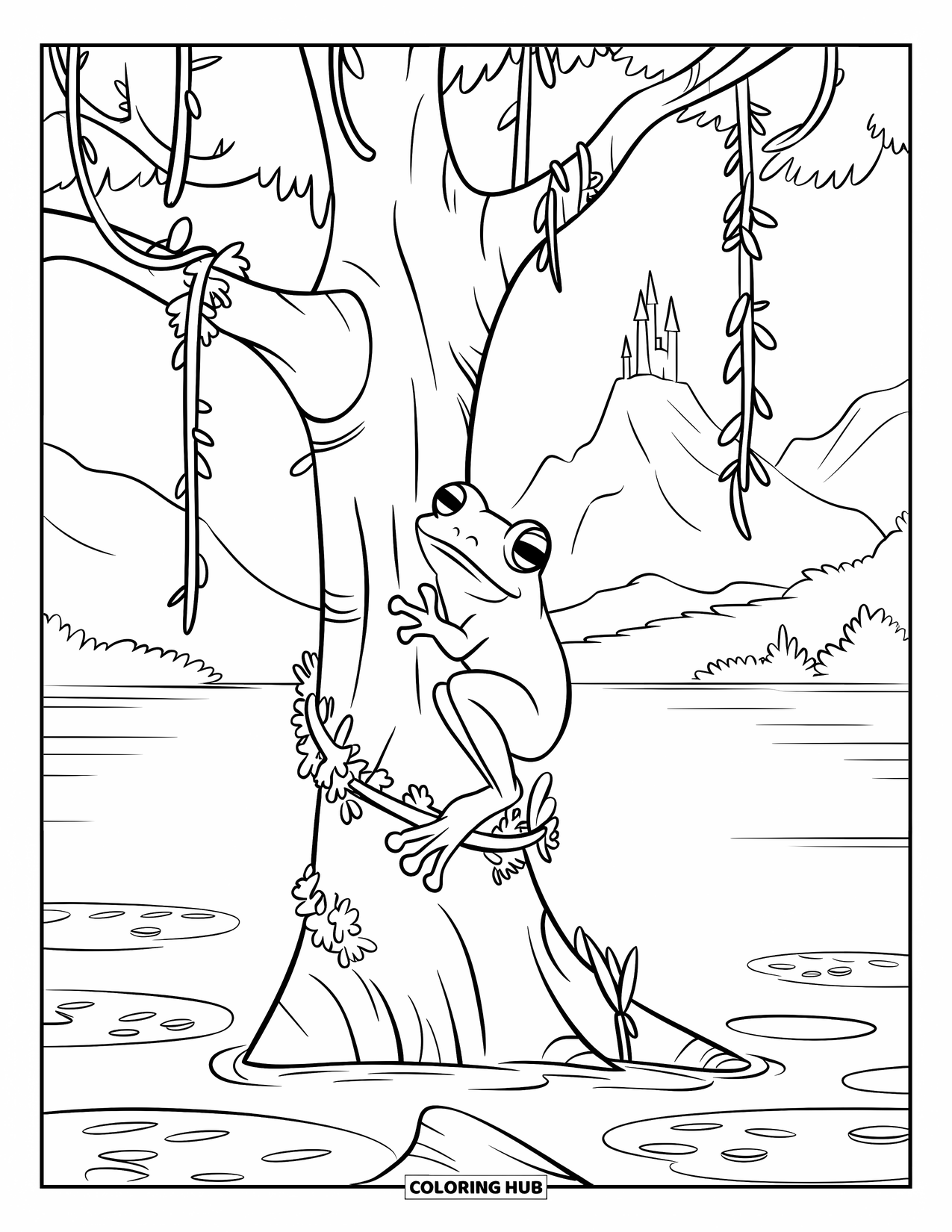 Frog Coloring Page for Kids: Frog holds onto a tree near a lake and mountain castle
