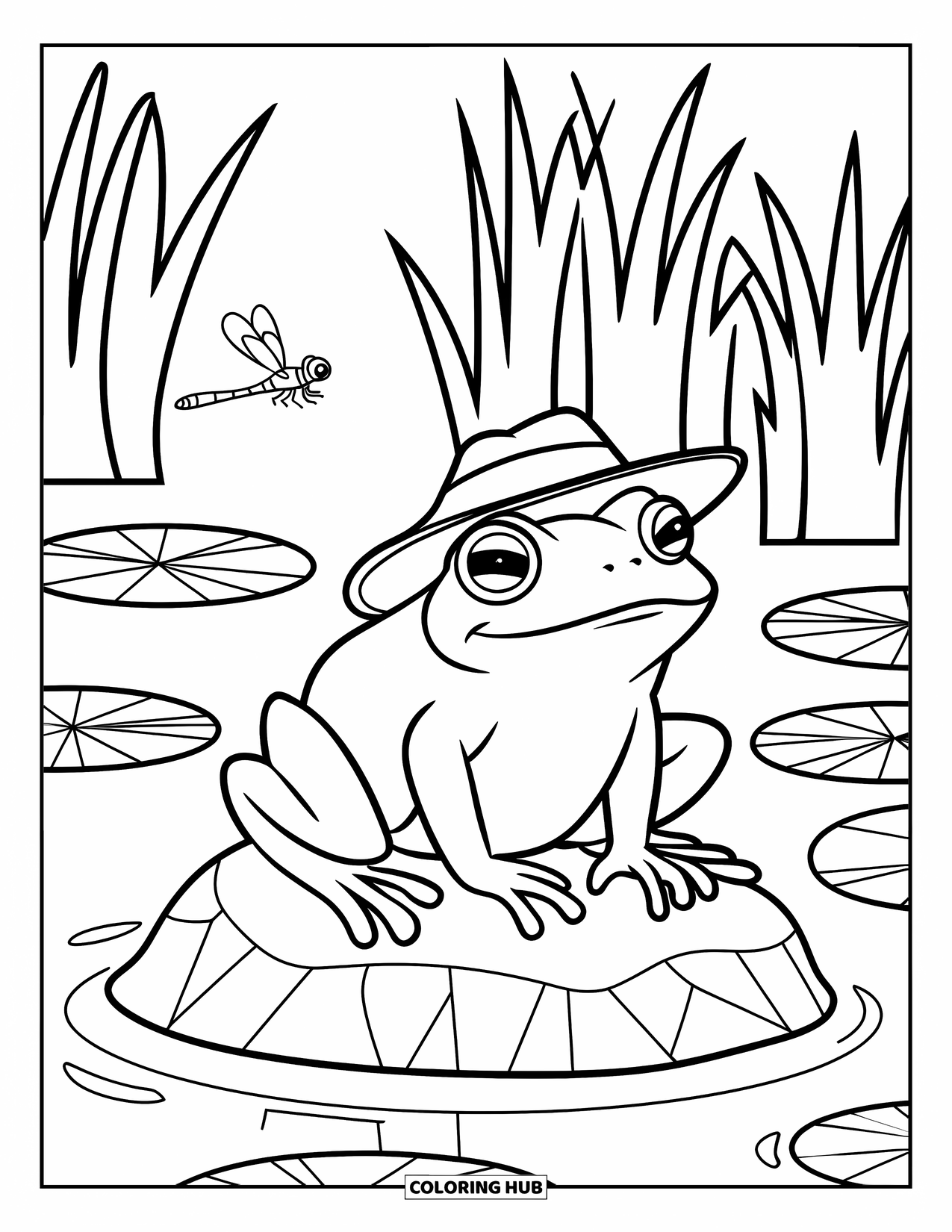 Frog Coloring Page for Kids: Frog in a green hat rests on a rock while a dragonfly buzzes close