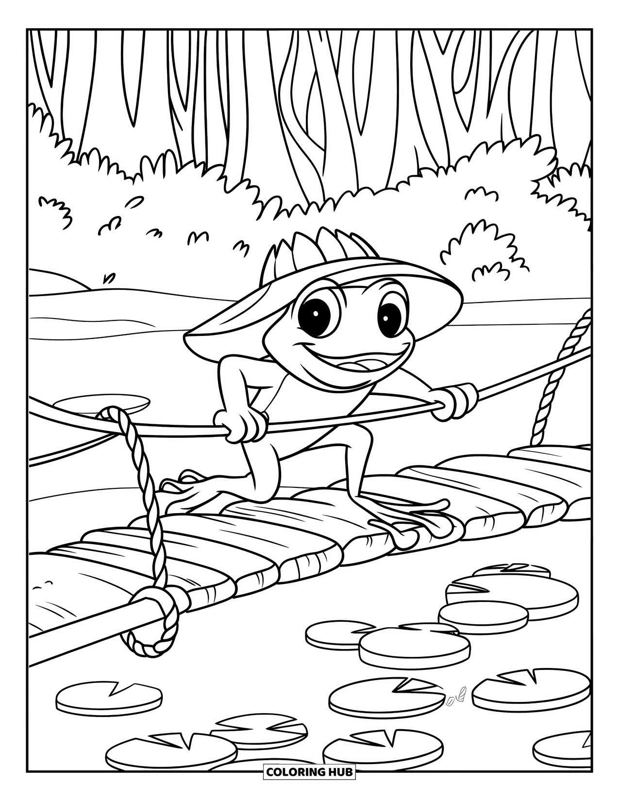 Frog Coloring Page for Kids: Frog in a leaf hat holds a rope crossing a log bridge in the woods