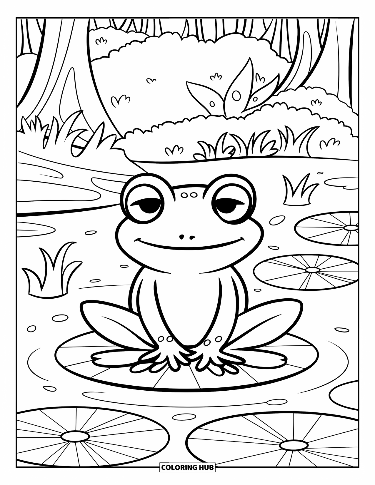 Frog Coloring Page for Kids: Frog in a pond meditates peacefully in a lush forest setting