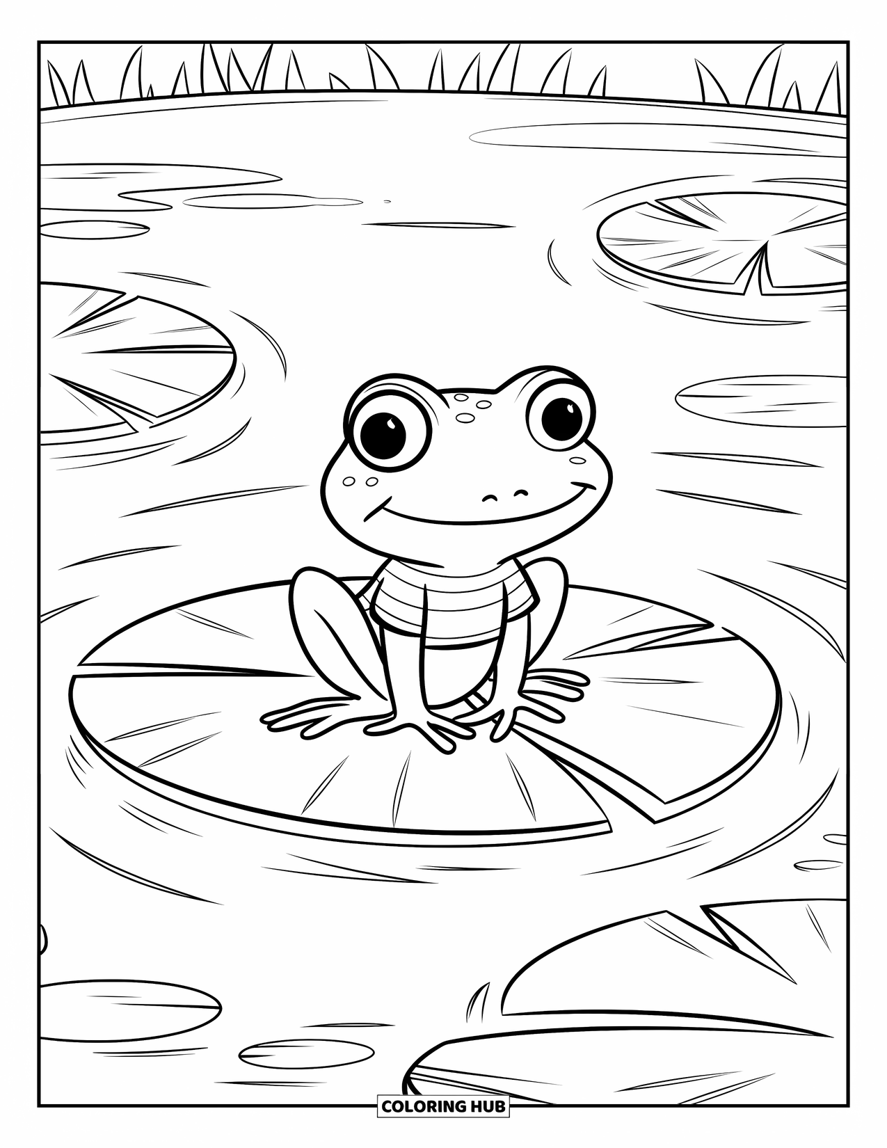 Frog Coloring Page for Kids: Frog in a striped shirt lounges on a lily pad with soft pond ripples
