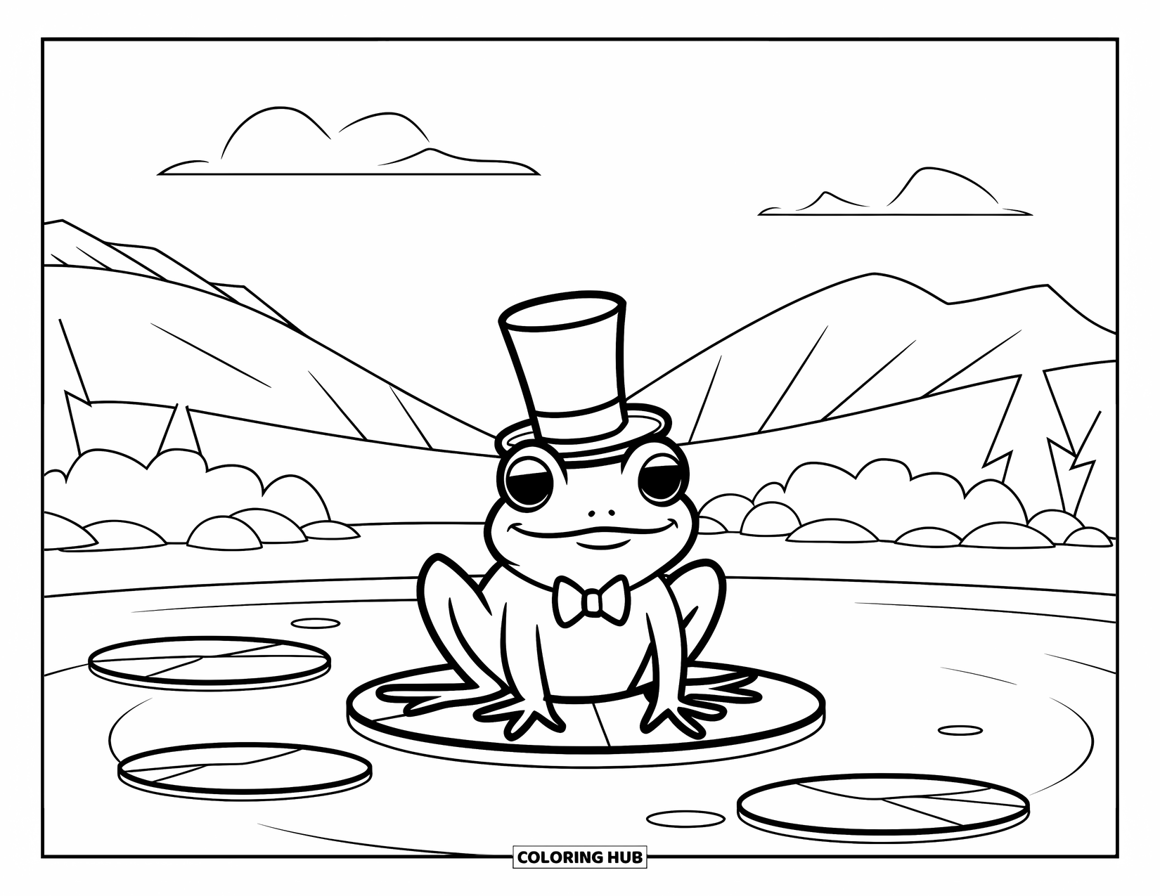 Frog Coloring Page for Kids: Frog in a top hat and bowtie rests among lily pads and trees