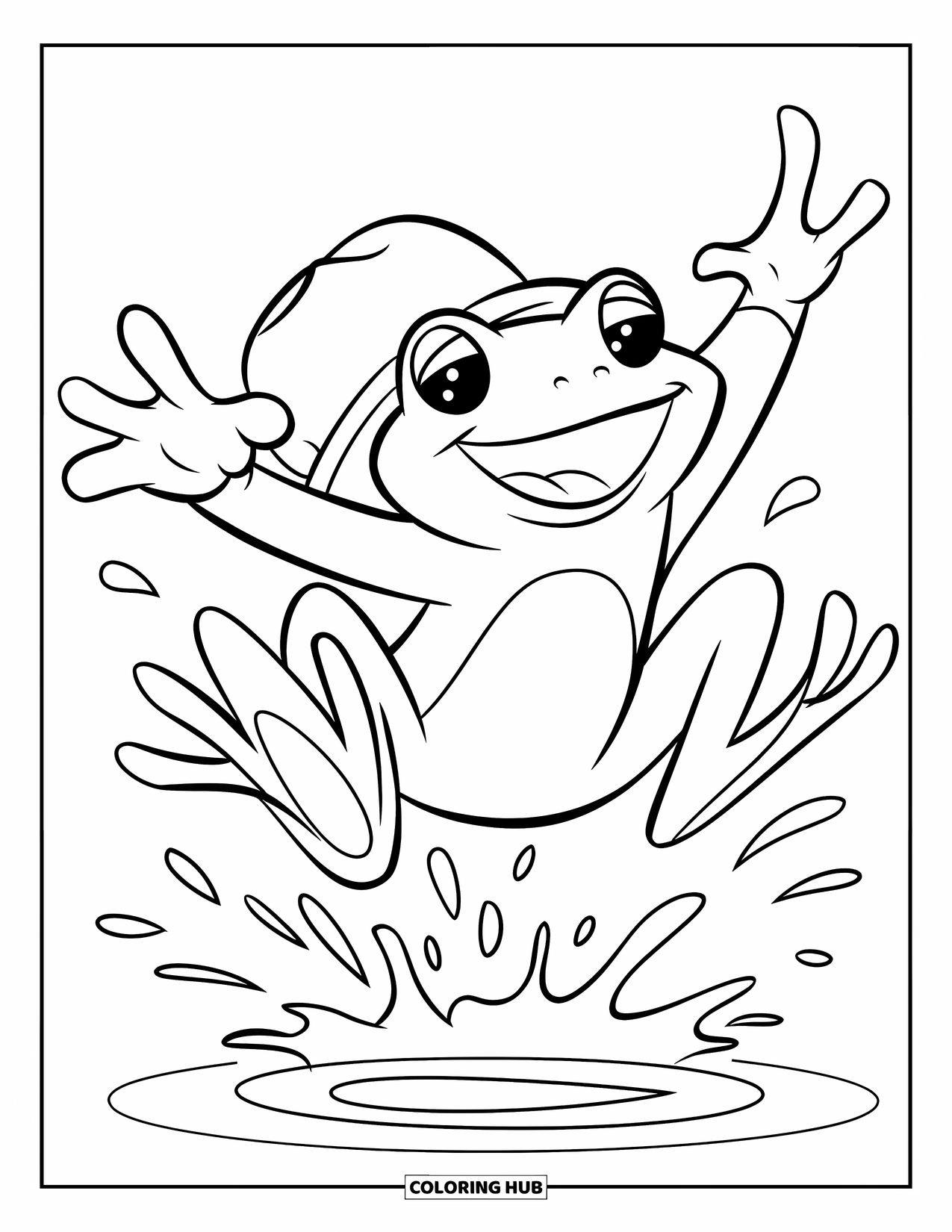Frog Coloring Page for Kids: Frog jumps high with splash marks and a big happy grin
