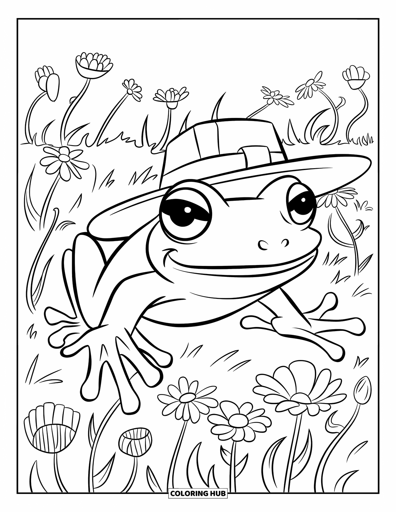 Frog Coloring Page for Kids: Frog leaps through flowers with a big smile and green hat
