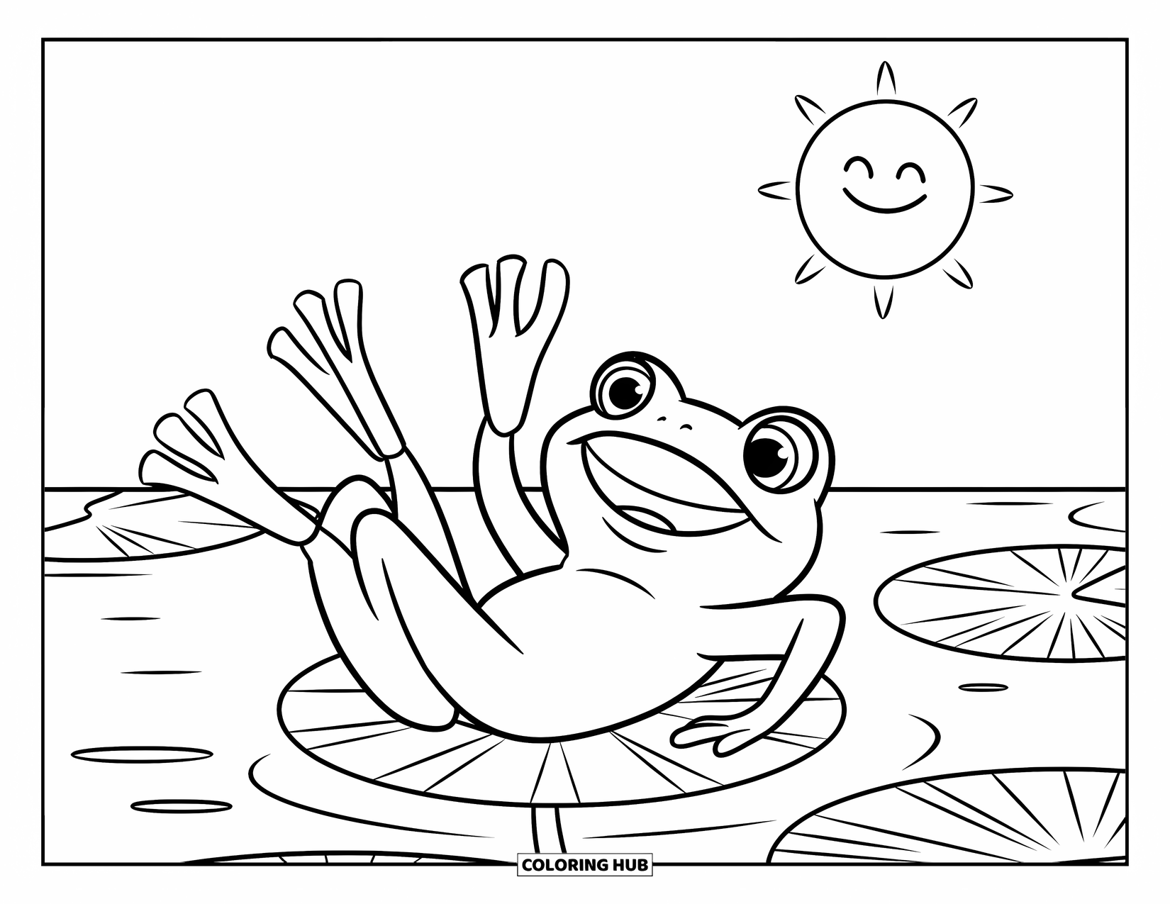 Frog Coloring Page for Kids: Frog lounges on its back under a smiling sun and floating lily pads
