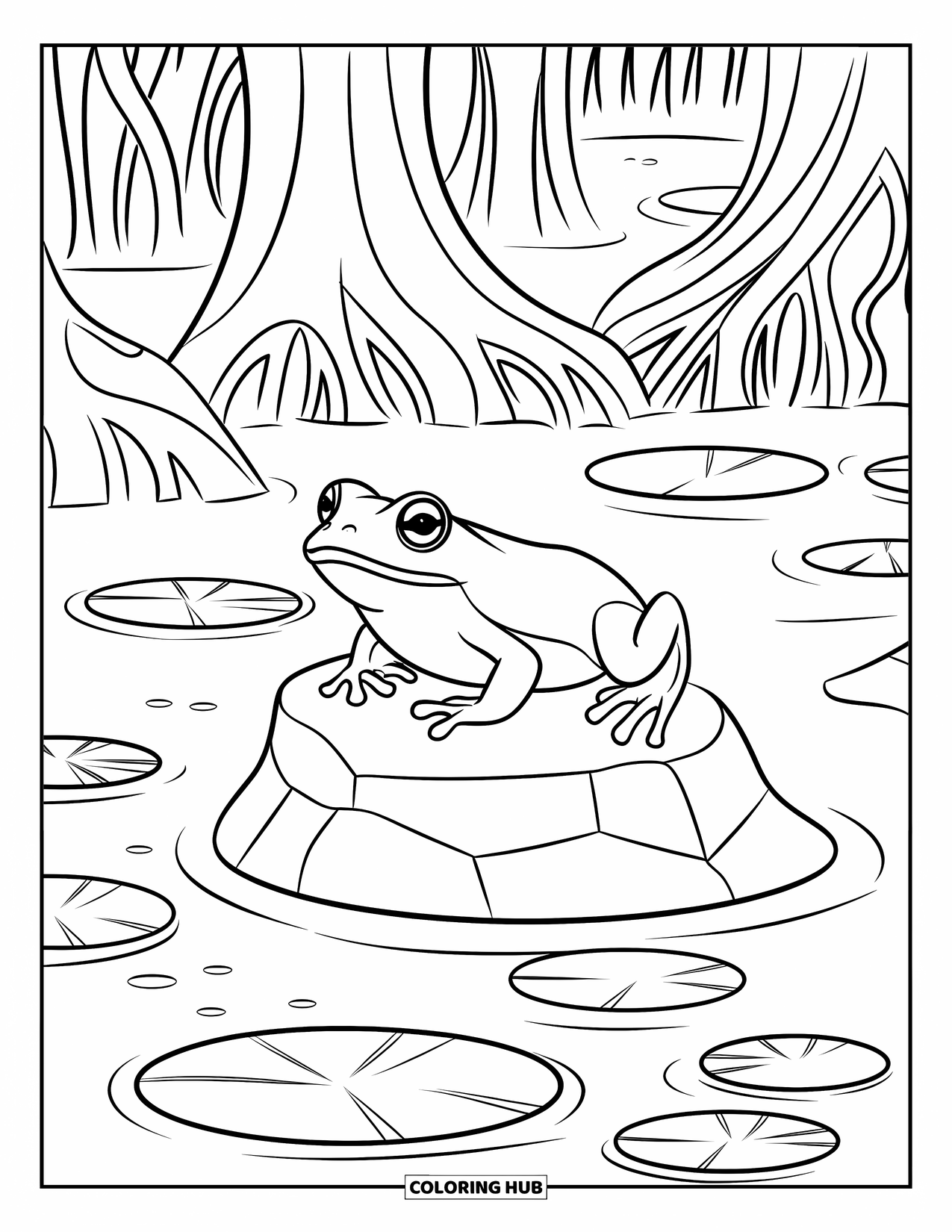 Frog Coloring Page for Kids: Frog on a rock near lily pads and tree roots