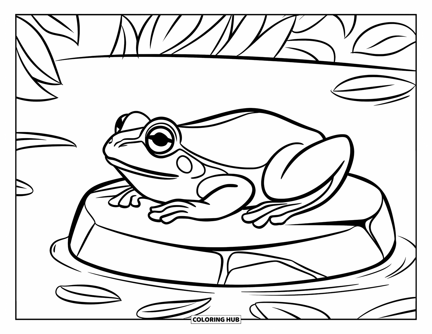 Frog Coloring Page for Kids: Frog relaxes on a stone with fallen leaves around