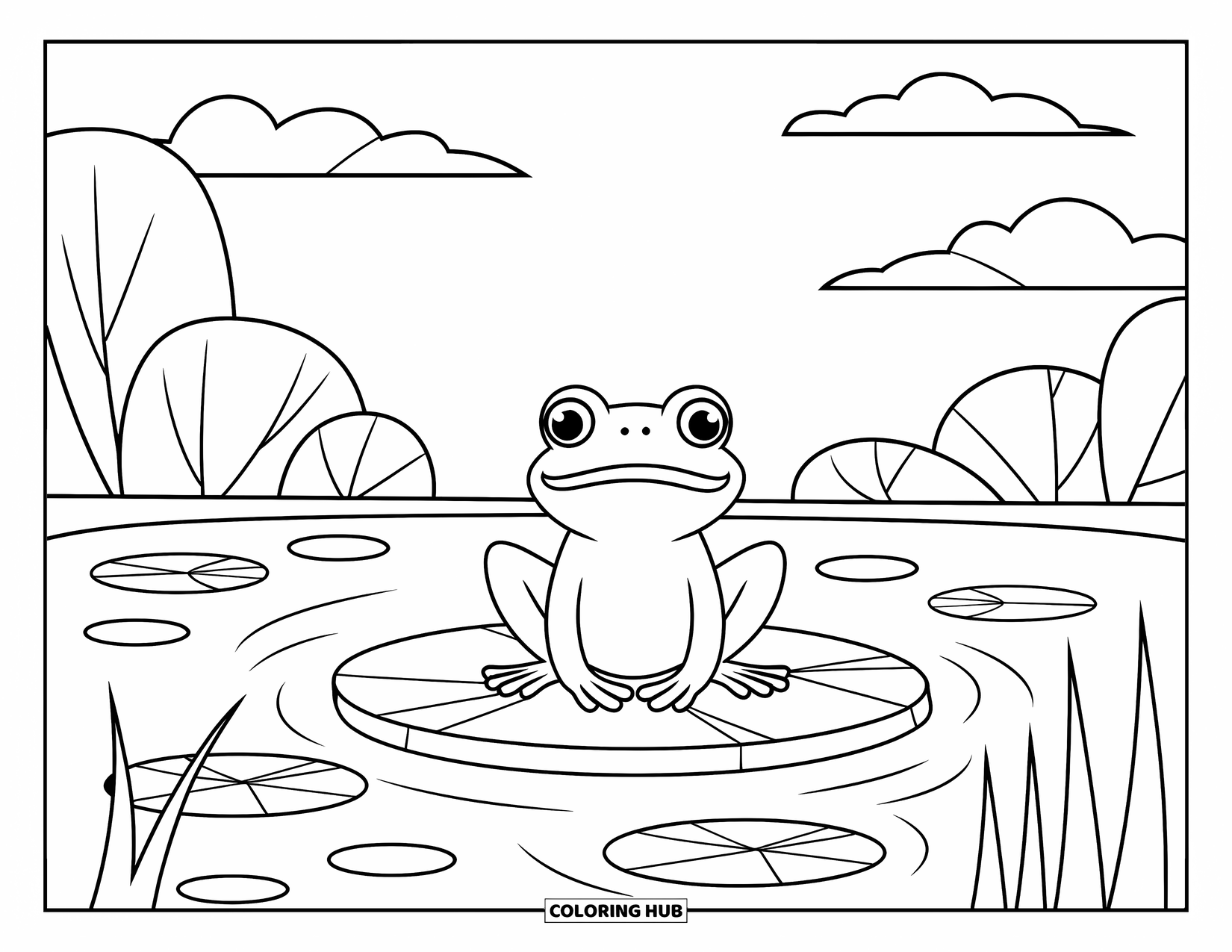 Frog Coloring Page for Kids: Frog sits peacefully on a lily pad in a pond with soft clouds