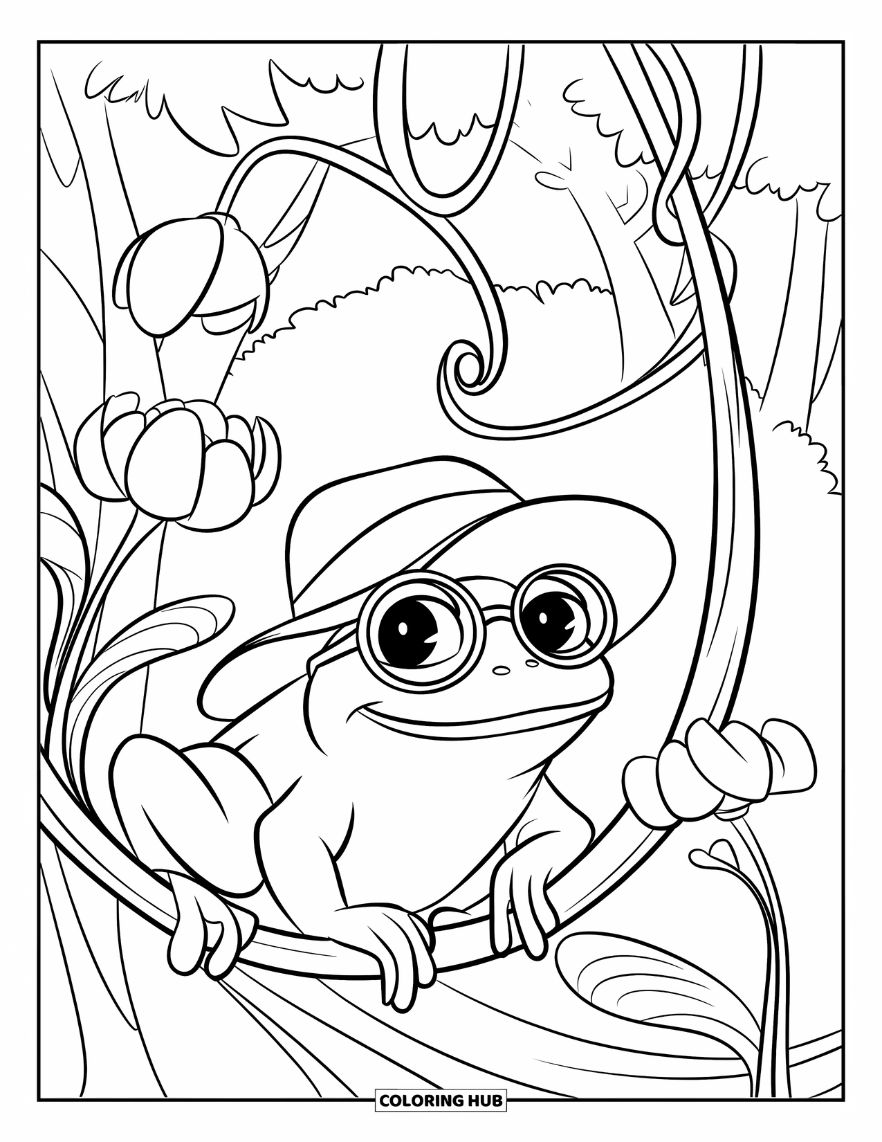 Frog Coloring Page for Kids: Frog under vine canopy sits near blooming flowers and trees