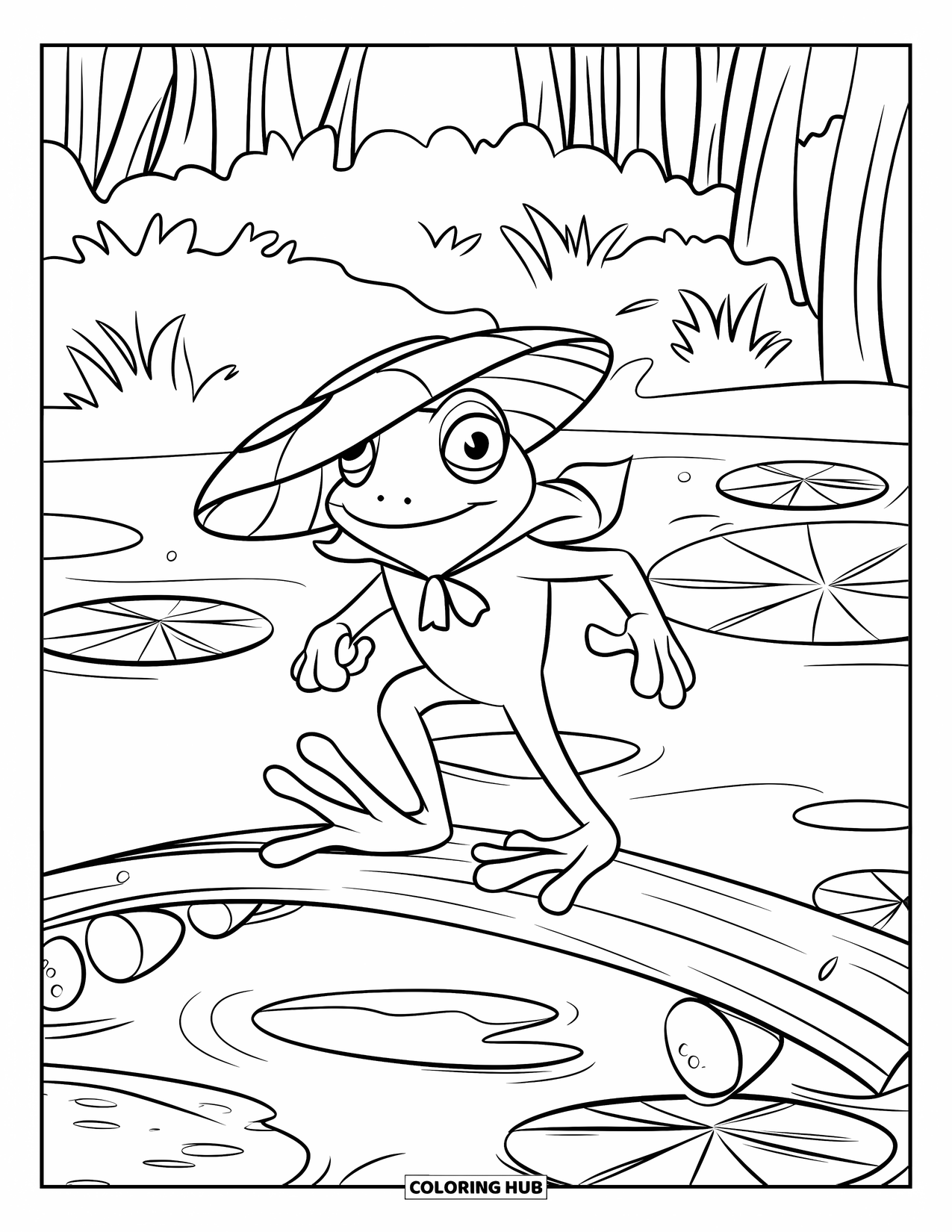 Frog Coloring Page for Kids: Frog walks carefully across a log bridge wearing a leaf hat