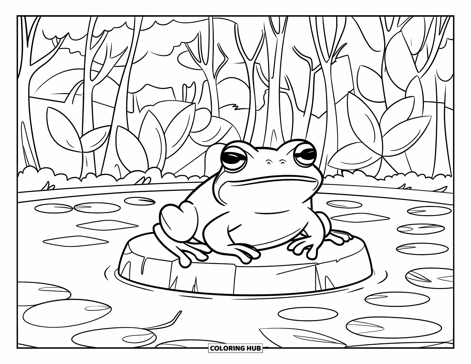Frog Coloring Page for Kids: Frog with big eyes rests on a stone in a leafy pond