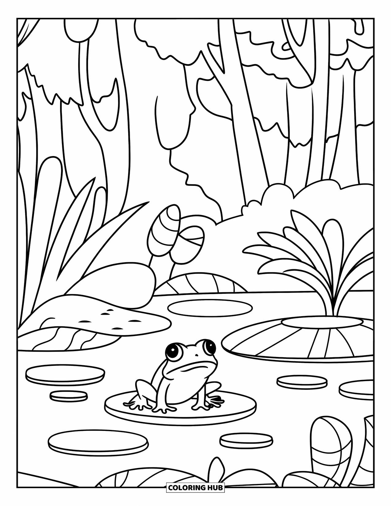 Frog Coloring Page for Kids: Frog with big eyes sits on a lily pad in a calm pond