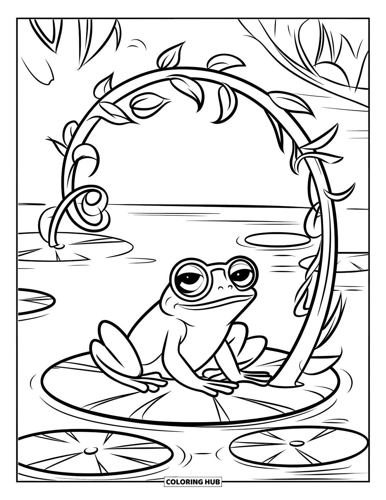 Frog Coloring Page for Kids: Frog with glasses on a lily pad beneath a leafy canopy