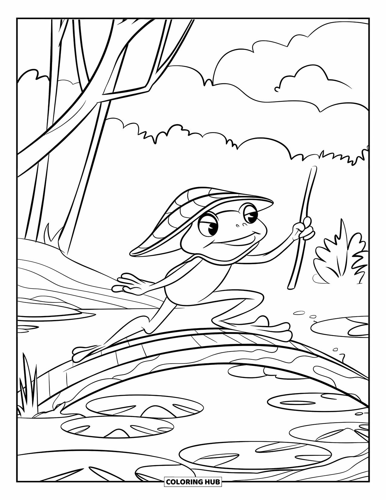 Frog Coloring Page for Kids: Frog with leaf hat crosses a log bridge over a forest pond