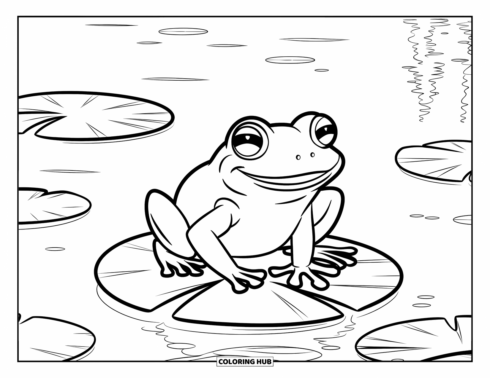 Frog Coloring Page for Kids: Happy frog sits on a lily pad with lily pad reflections in the water