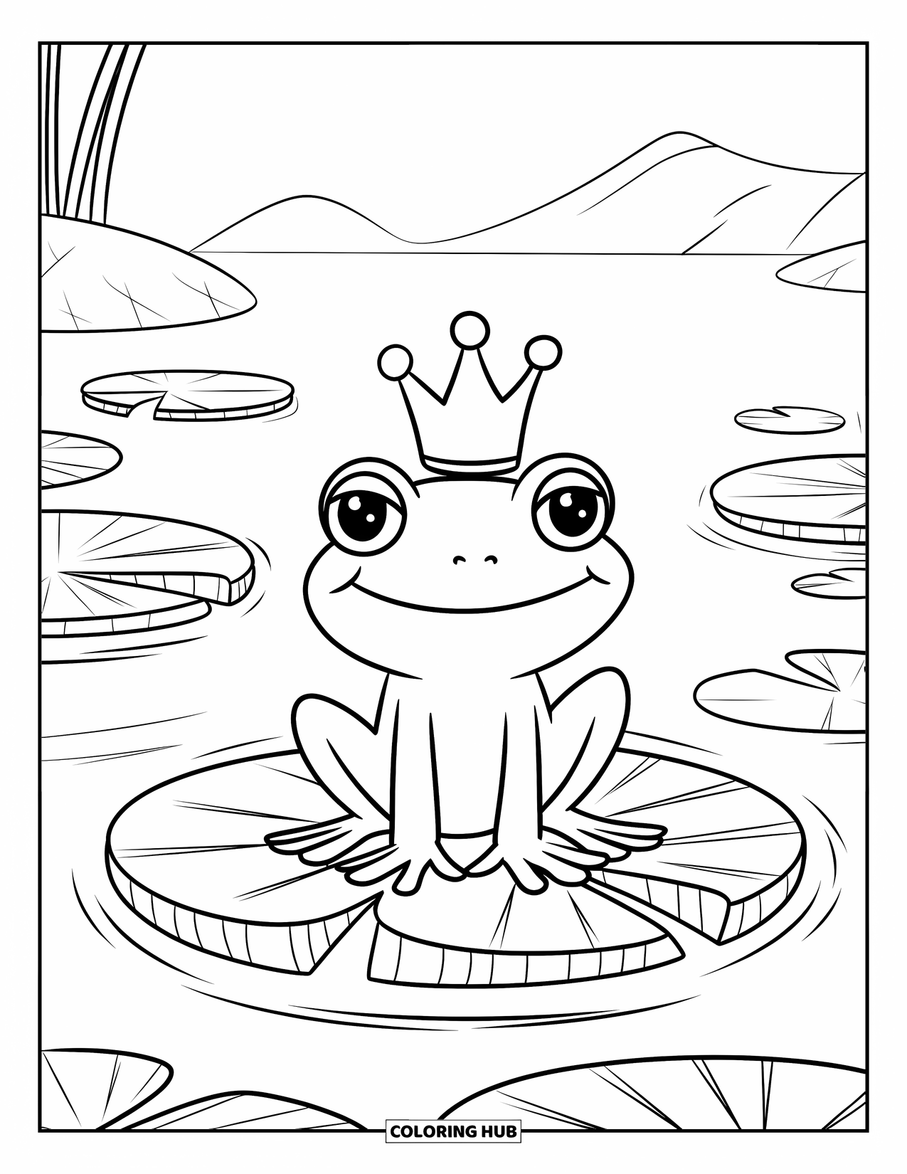 Frog Coloring Page for Kids: Happy frog with a crown rests calmly on a lily pad with mountains
