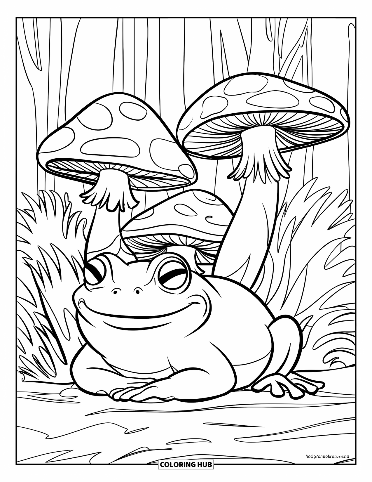 Frog Coloring Page for Kids: Majestic frog with a wide smile curls near tall spiral mushrooms
