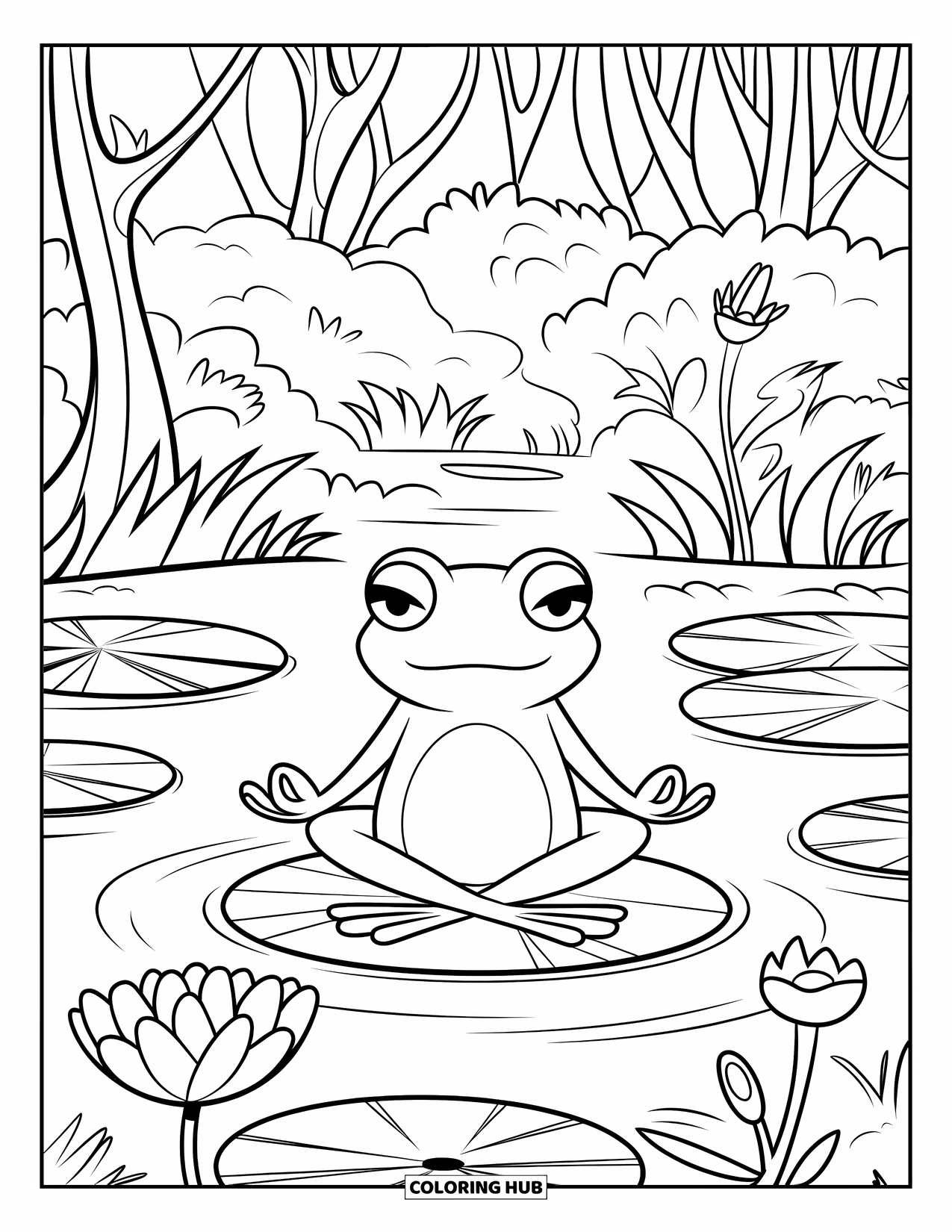 Frog Coloring Page for Kids: Peaceful frog sits in meditation on a lily pad among forest plants