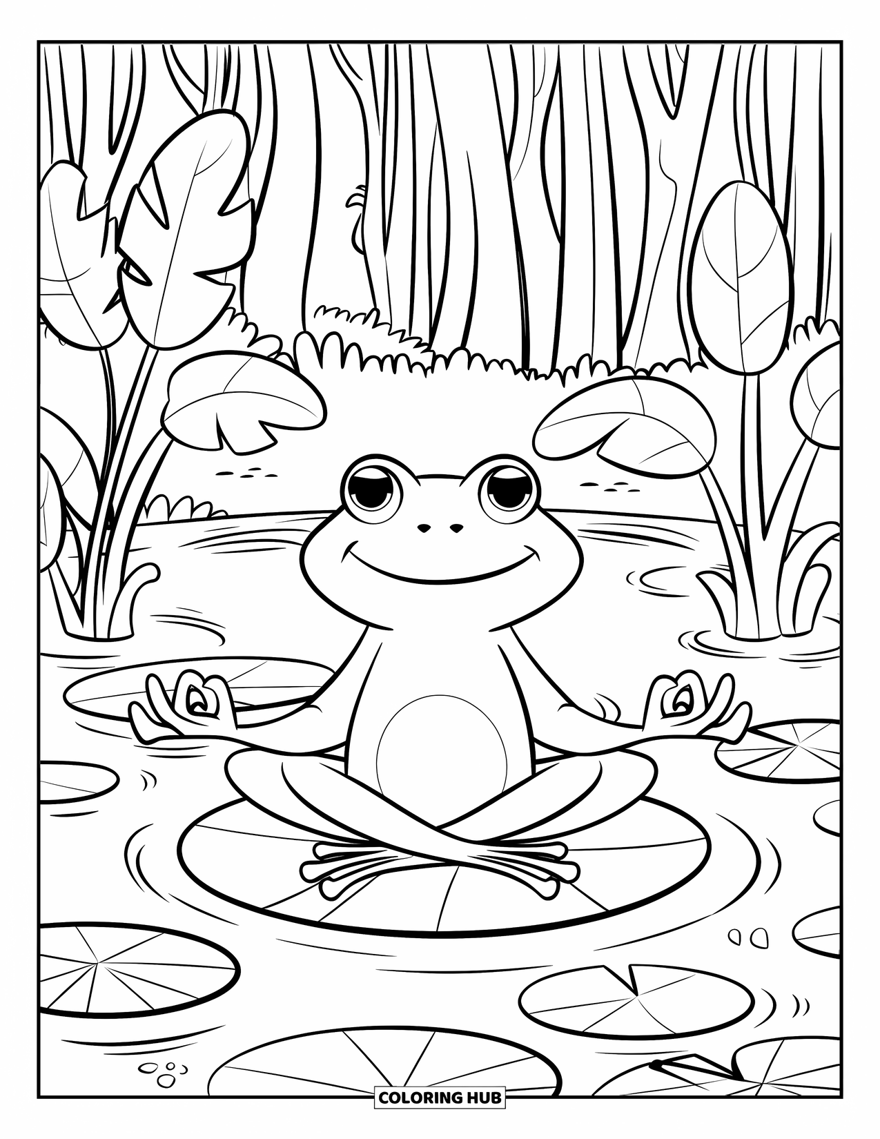 Frog Coloring Page for Kids: Serene frog rests on a lily pad in a peaceful forest scene