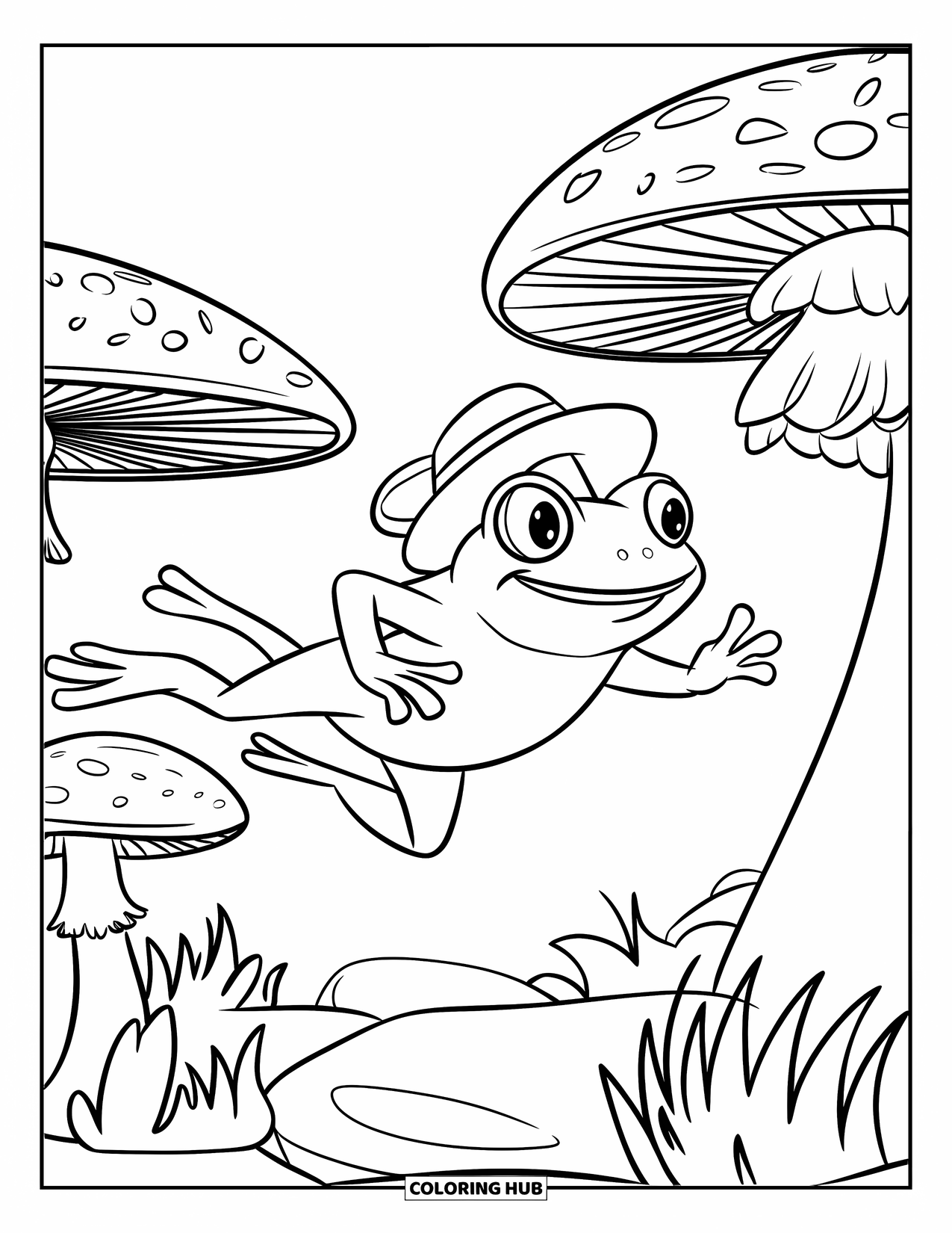 Frog Coloring Page for Kids: Smiling frog leaps over mushrooms in a playful forest scene