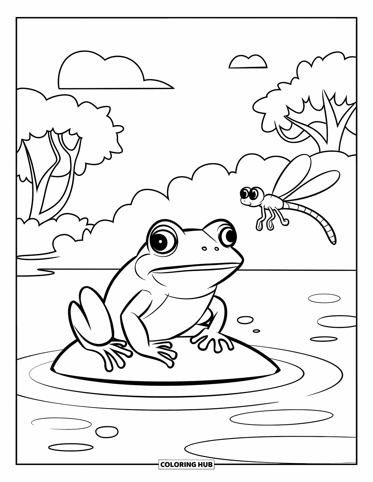Frog Coloring Page for Kids: Smiling frog on a rock watches a dragonfly near trees and clouds