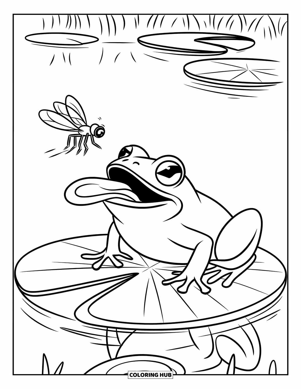 Frog Coloring Page for Kids: Smiling frog snags a fly while relaxing on a calm pond
