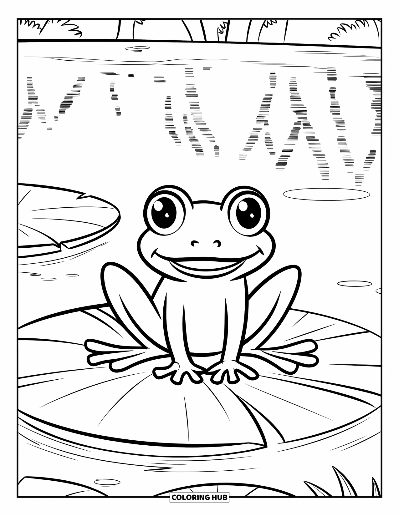 Frog Coloring Page for Kids: Smiling frog with big eyes rests on a lily pad under the sky