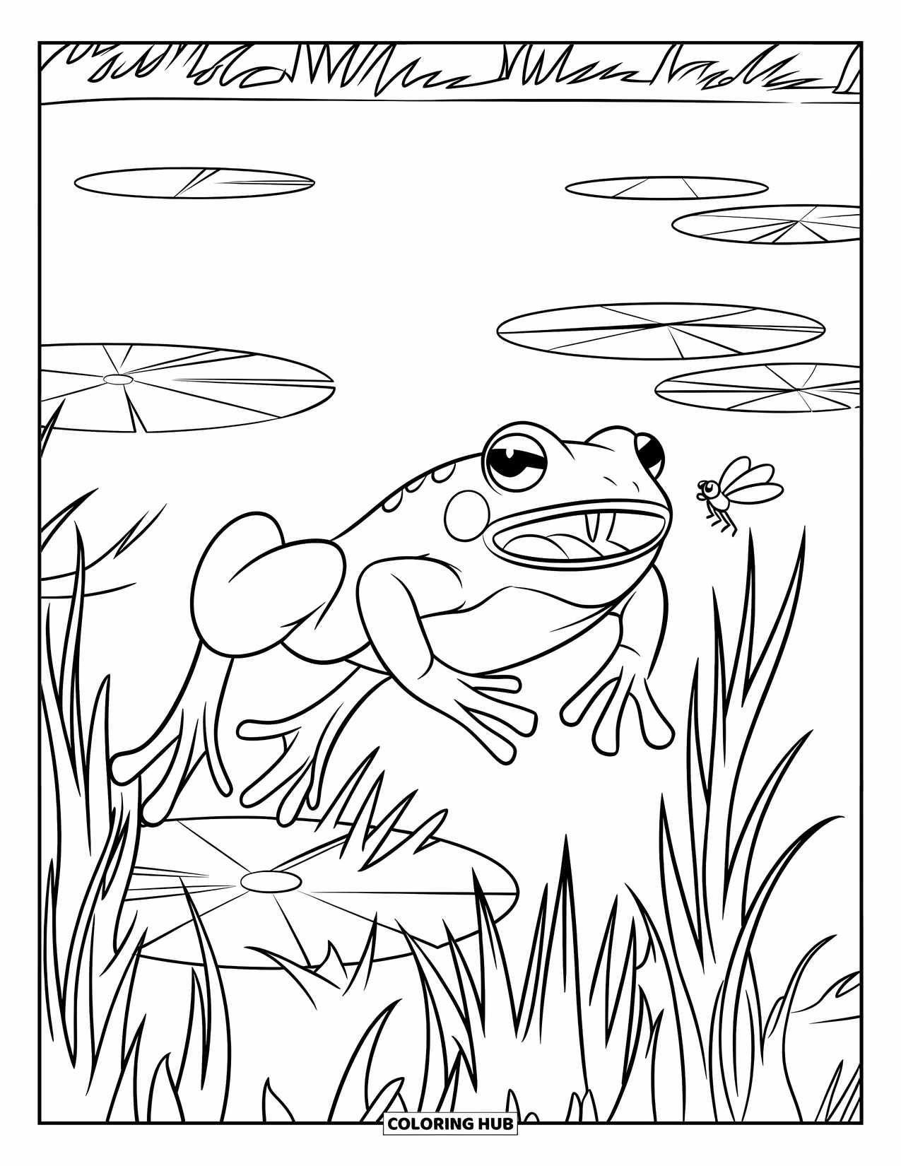 Frog Coloring Page for Kids: Wide-mouthed frog leaps after a fly over lily pads and water