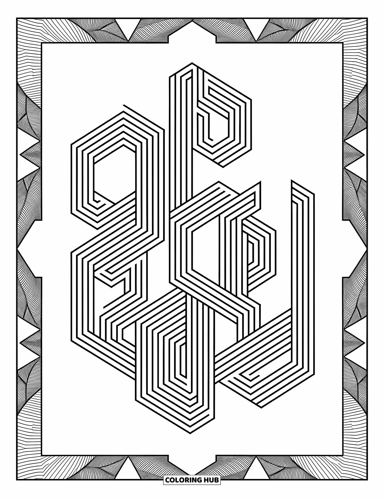 Geometric Coloring Page for Adults: A bold maze of hexagons and grids twists through detailed borders and patterns