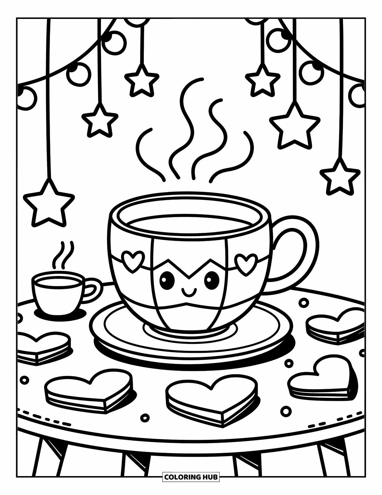 Geometric Coloring Page for Adults: A cozy teacup with steam and stars rests on a heart-themed tabletop setup