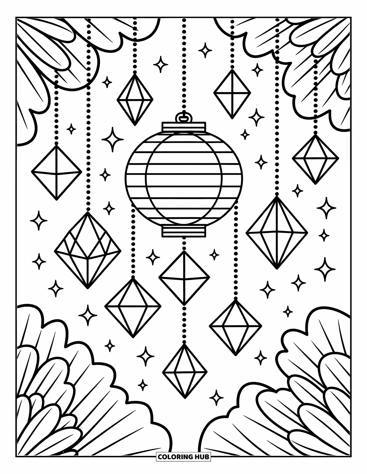 Geometric Coloring Page for Adults: A lantern mobile with stars and diamonds floats among sparkles and gentle light
