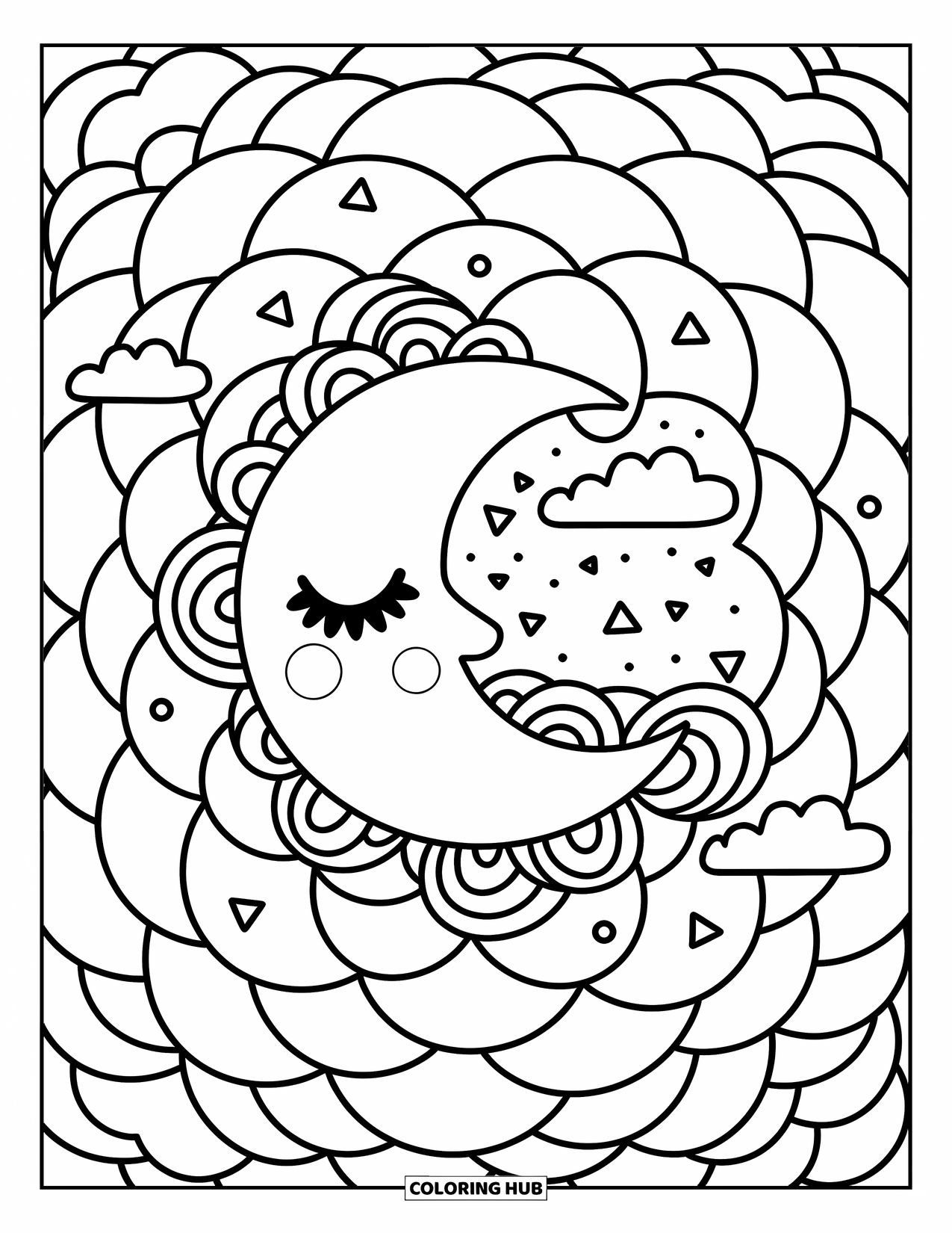 Geometric Coloring Page for Adults: A peaceful moon snuggles into spirals, clouds, and gentle floating bows