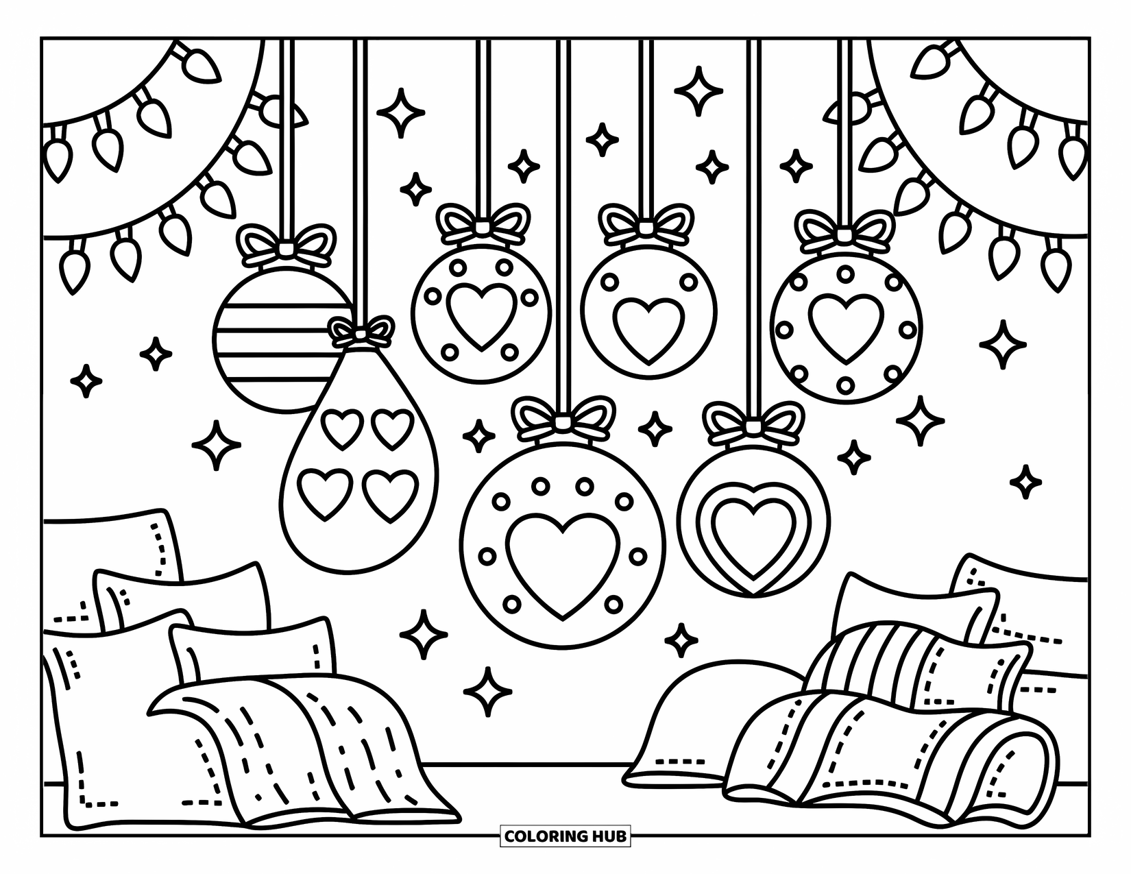 Geometric Coloring Page for Adults: A playful bunch of ornaments with sparkles and bows brings cozy charm to the scene